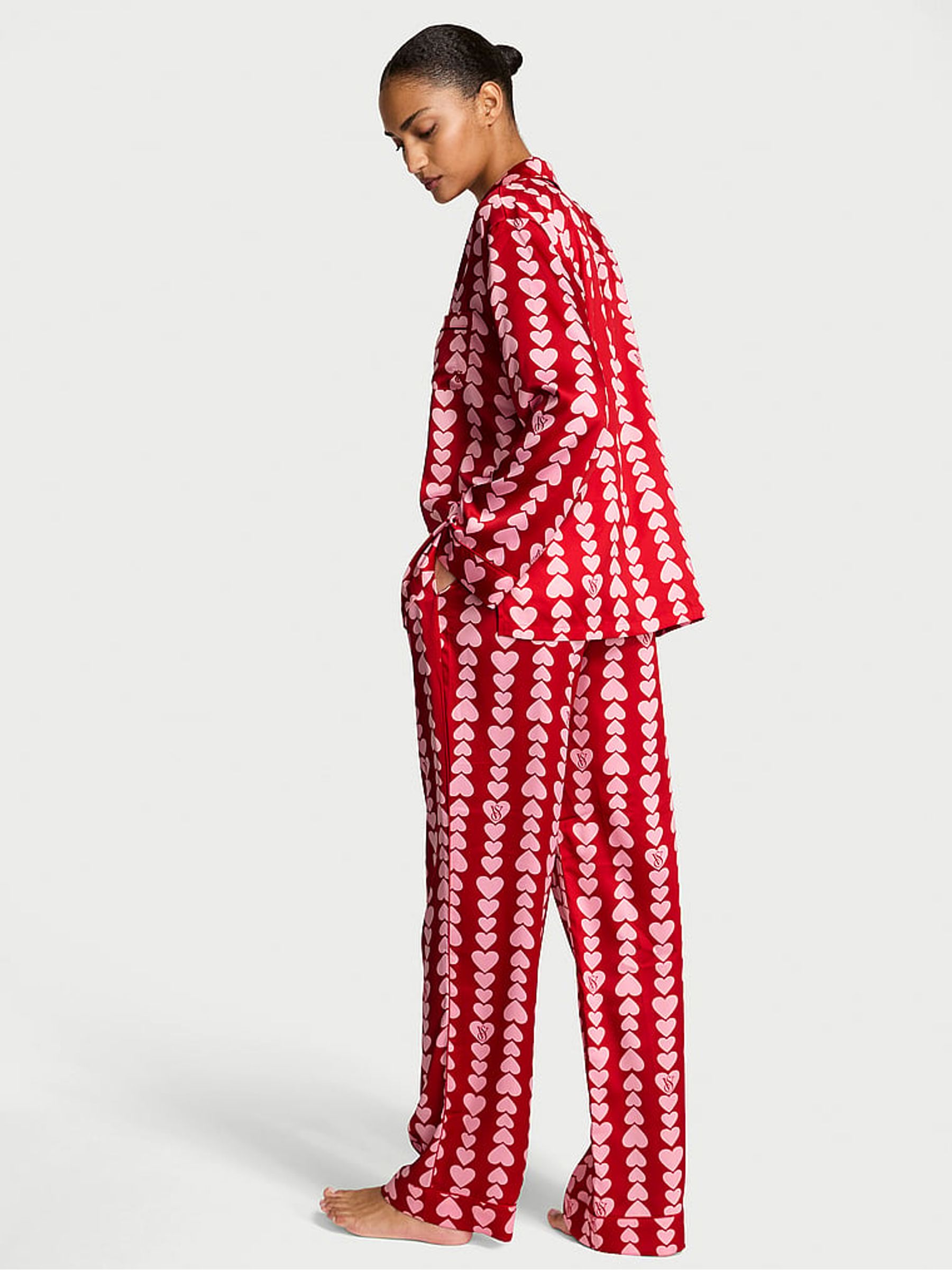 Lipstick Red and Petal Pink Scattered Hearts Satin Long Pyjamas Set - Image 2 of 2