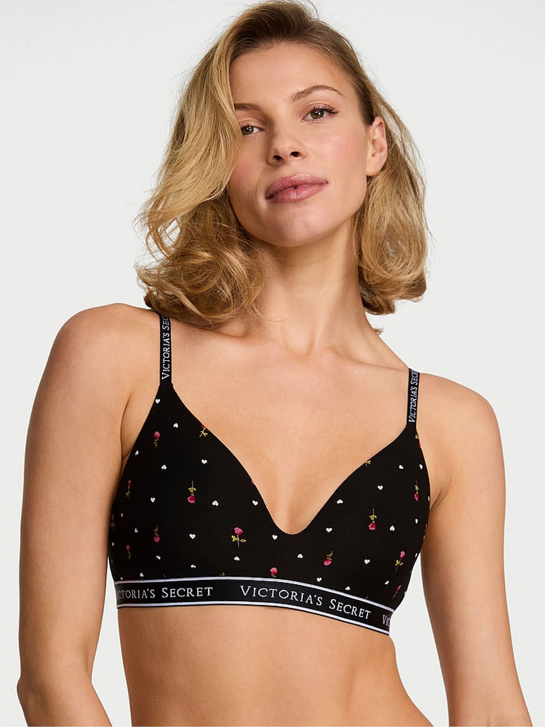 Black Ditsy Heart Lightly Lined Non Wired Cotton Logo Bra - Image 1 of 3