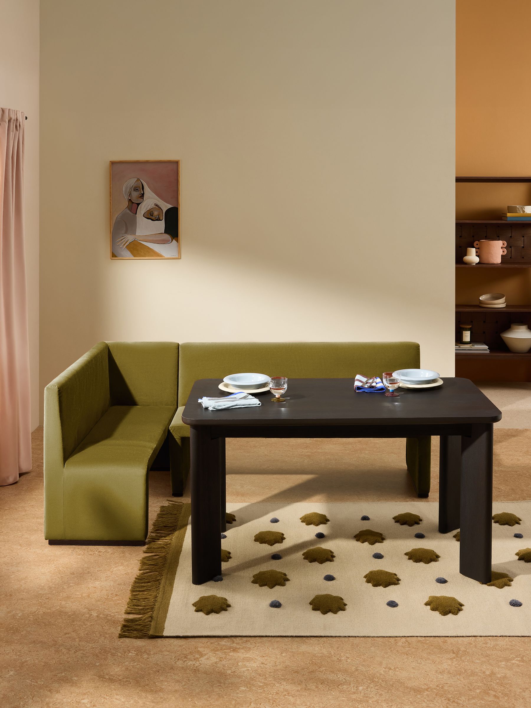 Tova Left Hand Corner Dining Table and Bench Set in Fern Green Velvet - Image 1 of 7