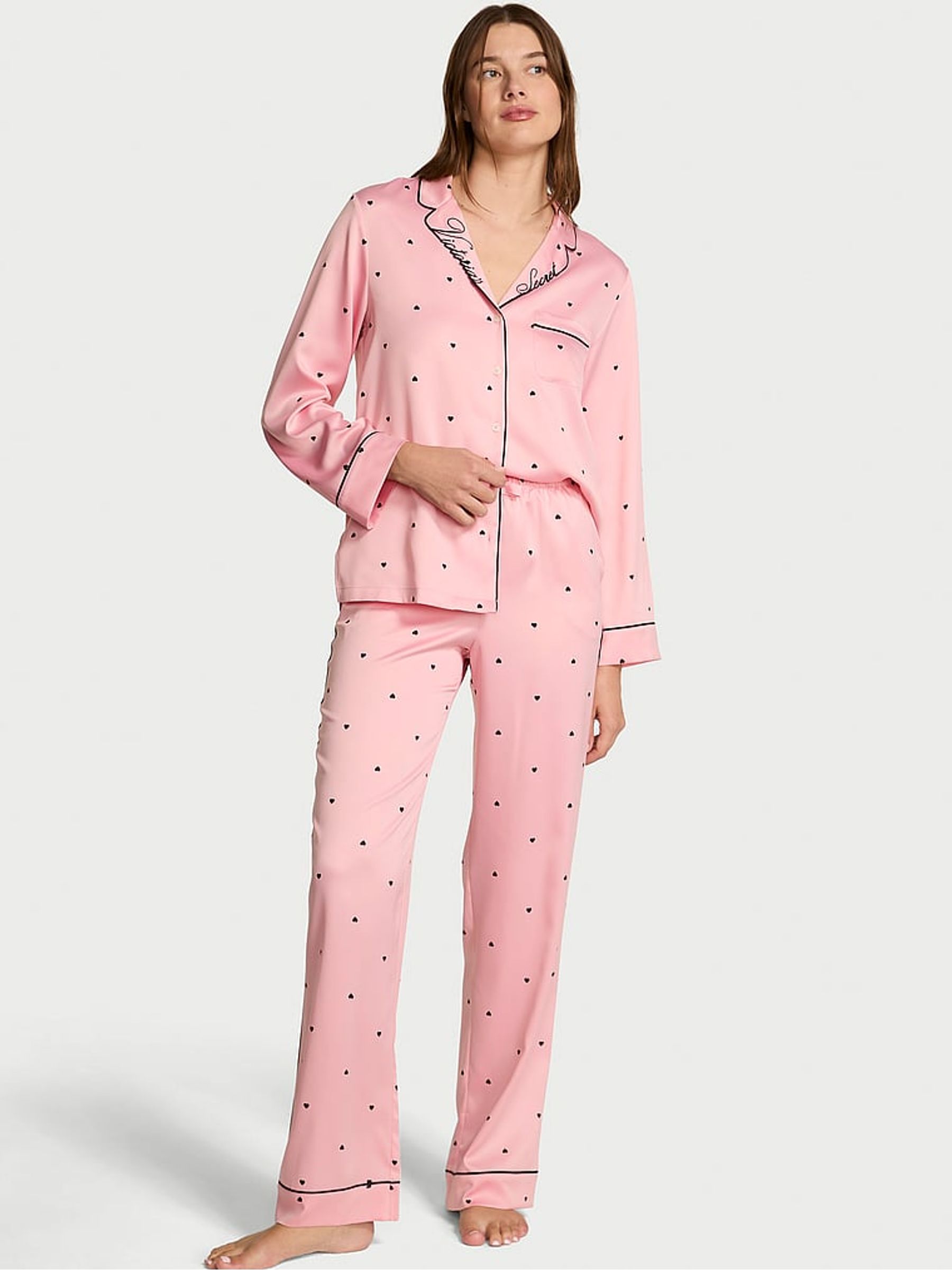 Dusk Pink with Black Tiny Hearts Satin Long Pyjamas Set - Image 1 of 2