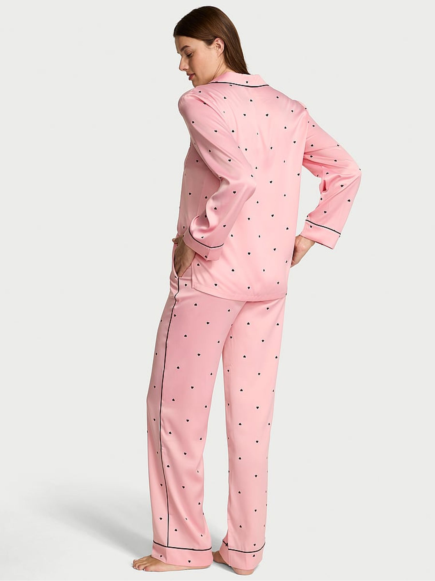 Dusk Pink with Black Tiny Hearts Satin Long Pyjamas Set - Image 2 of 2