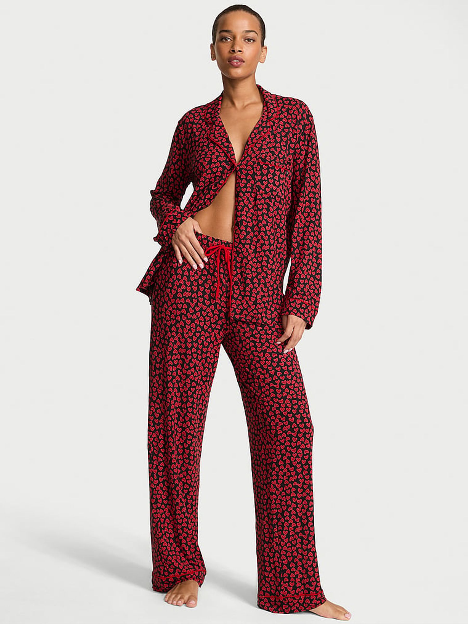 Black & Red Scattered Hearts Modal Long Pyjamas Set - Image 1 of 2
