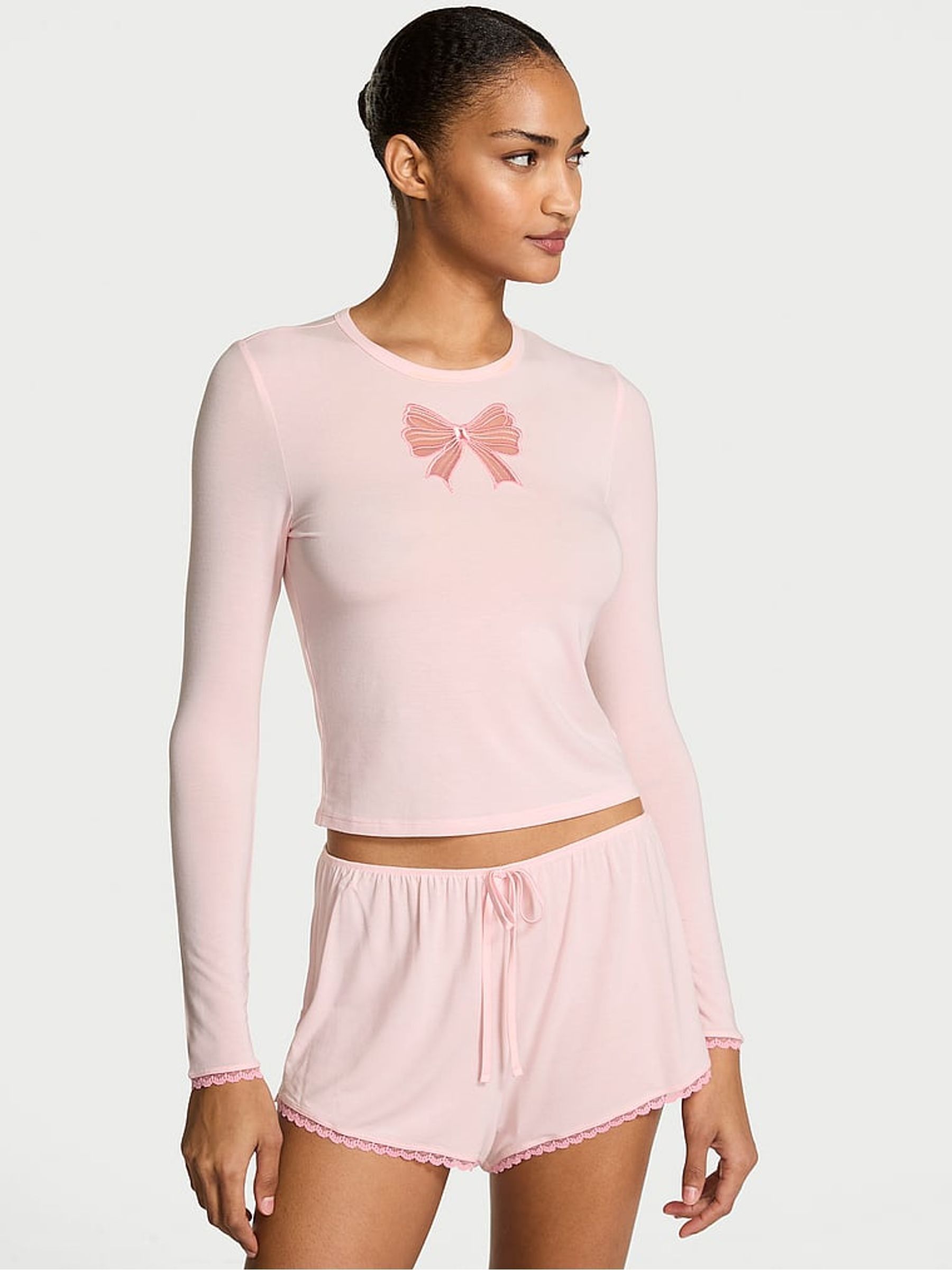 Angel Pink Modal Bow Pyjamas Long Sleeve Top & Shorts Set - Image 1 of 2