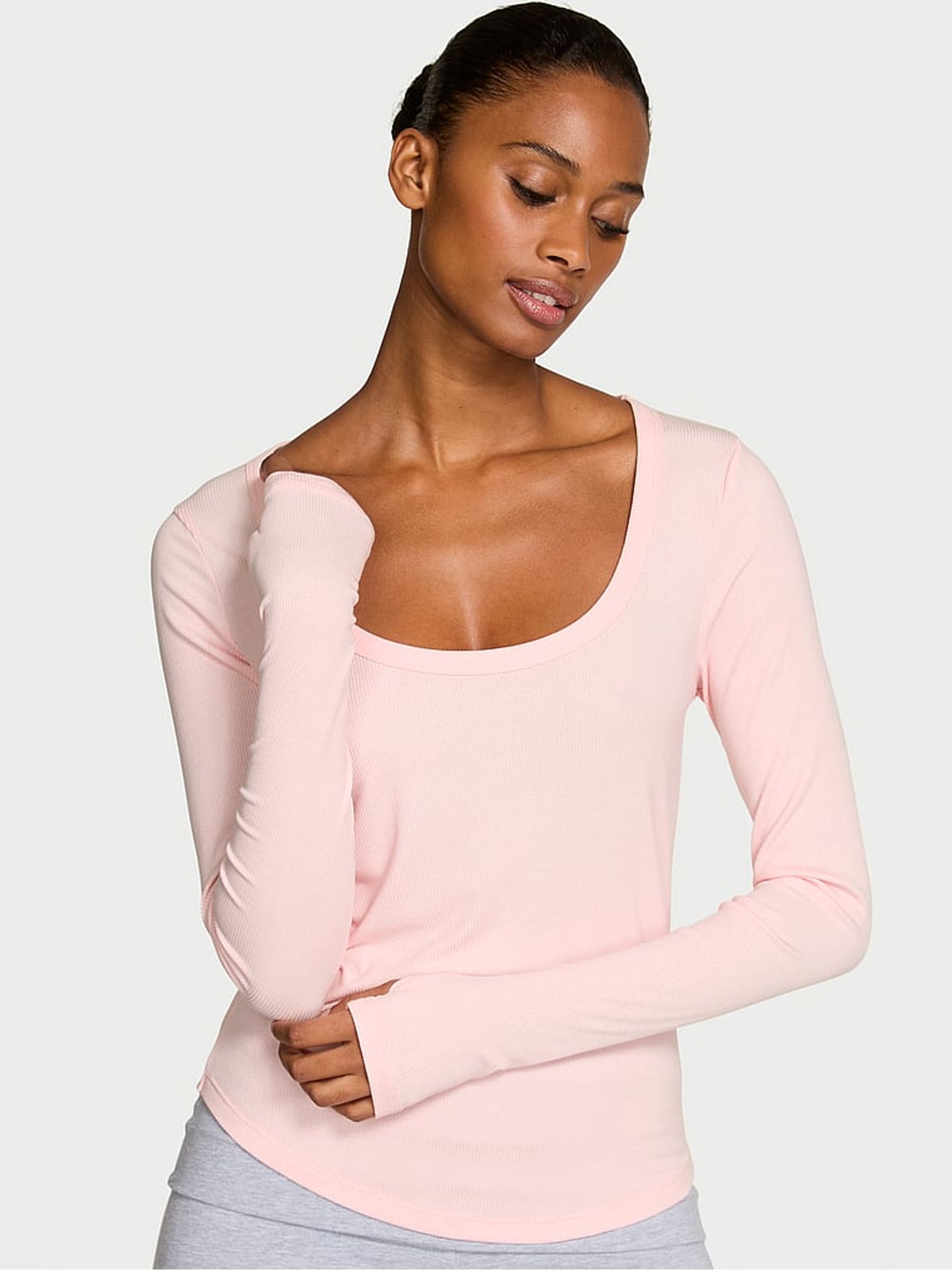 Pretty Blossom Pink Ribbed Scoop Long Sleeve T-Shirt - Image 1 of 3