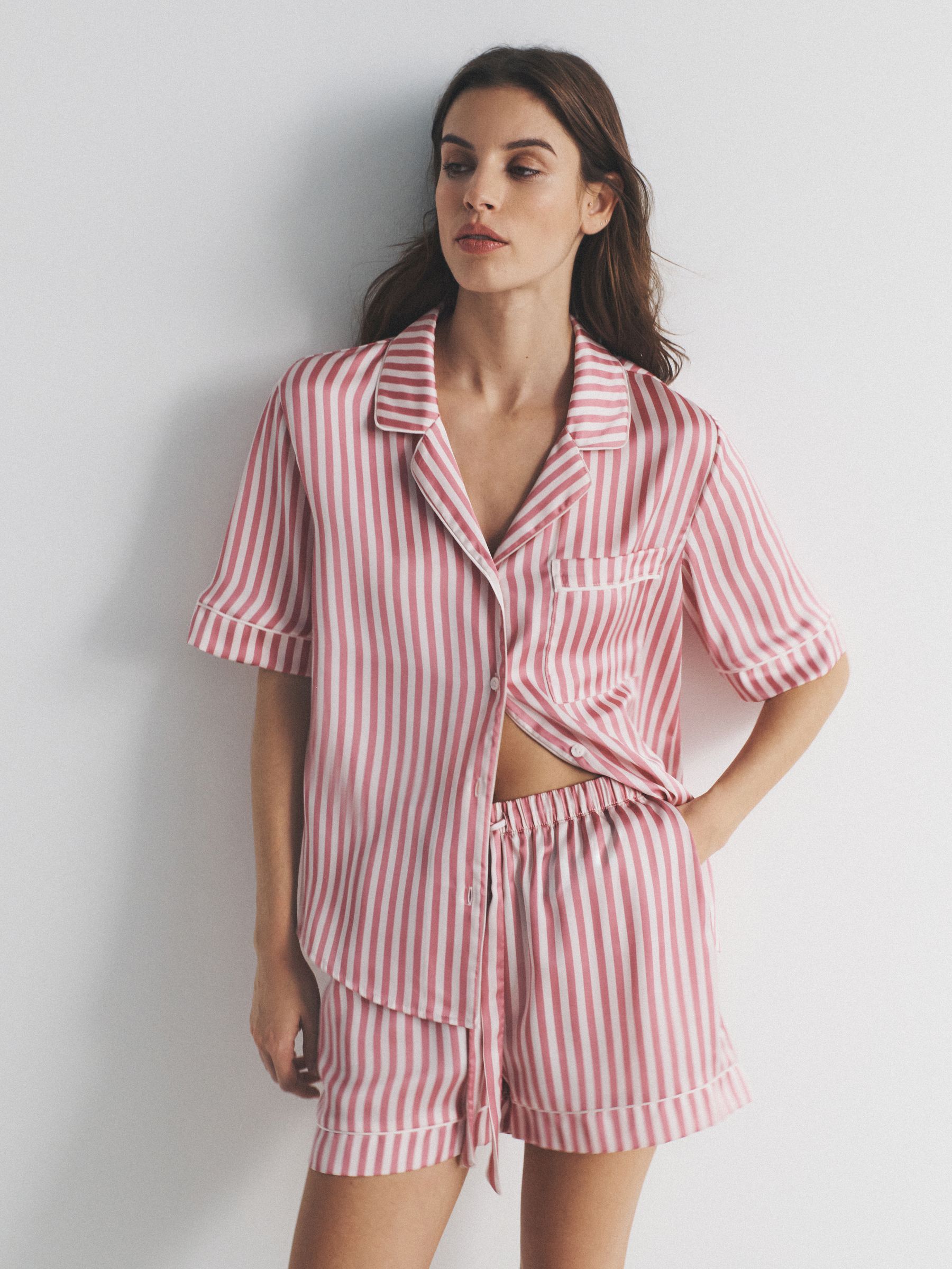 2 Pack Satin Pyjama Shirt And Shorts Set Berry Red/Pink Stripe - Image 1 of 6