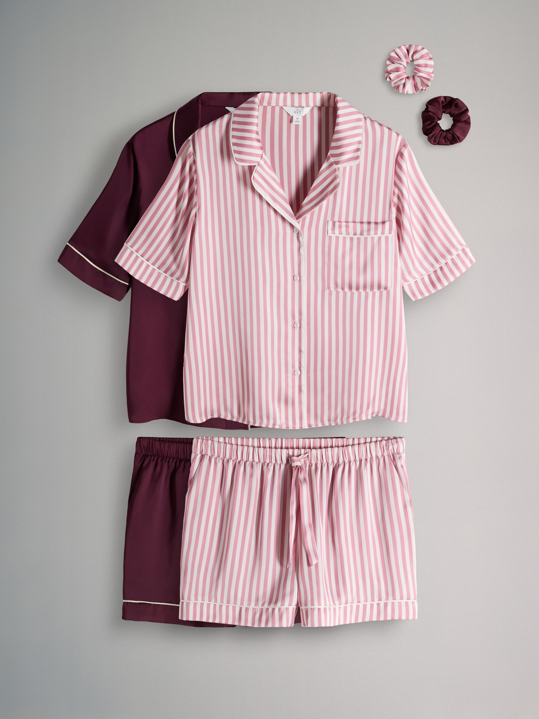 2 Pack Satin Pyjama Shirt And Shorts Set Berry Red/Pink Stripe - Image 2 of 6