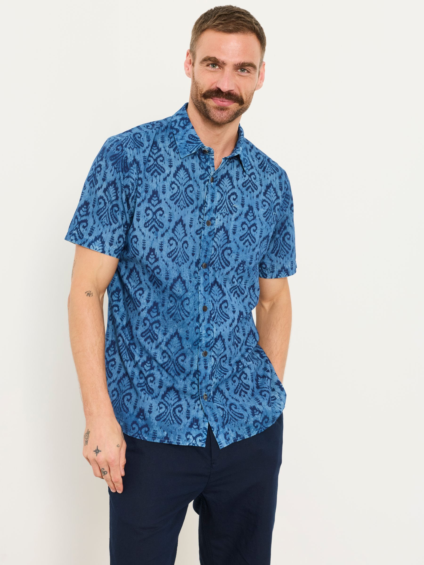Blue Short Sleeve Indian Hand Printed Kalamkari Shirt - Image 1 of 5