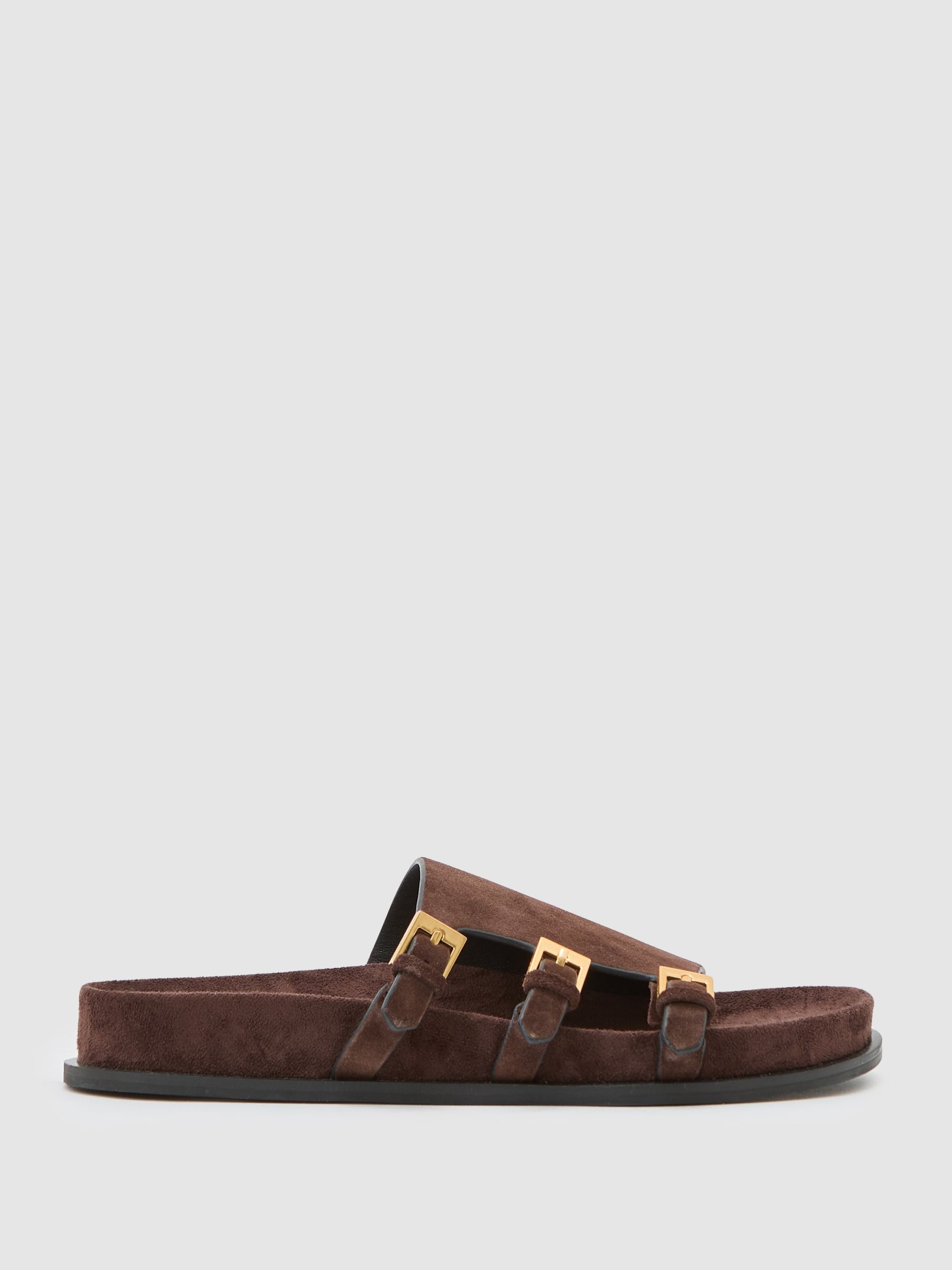 Suede Buckle-Strap Slip-On Sandals in Chocolate - Image 1 of 5