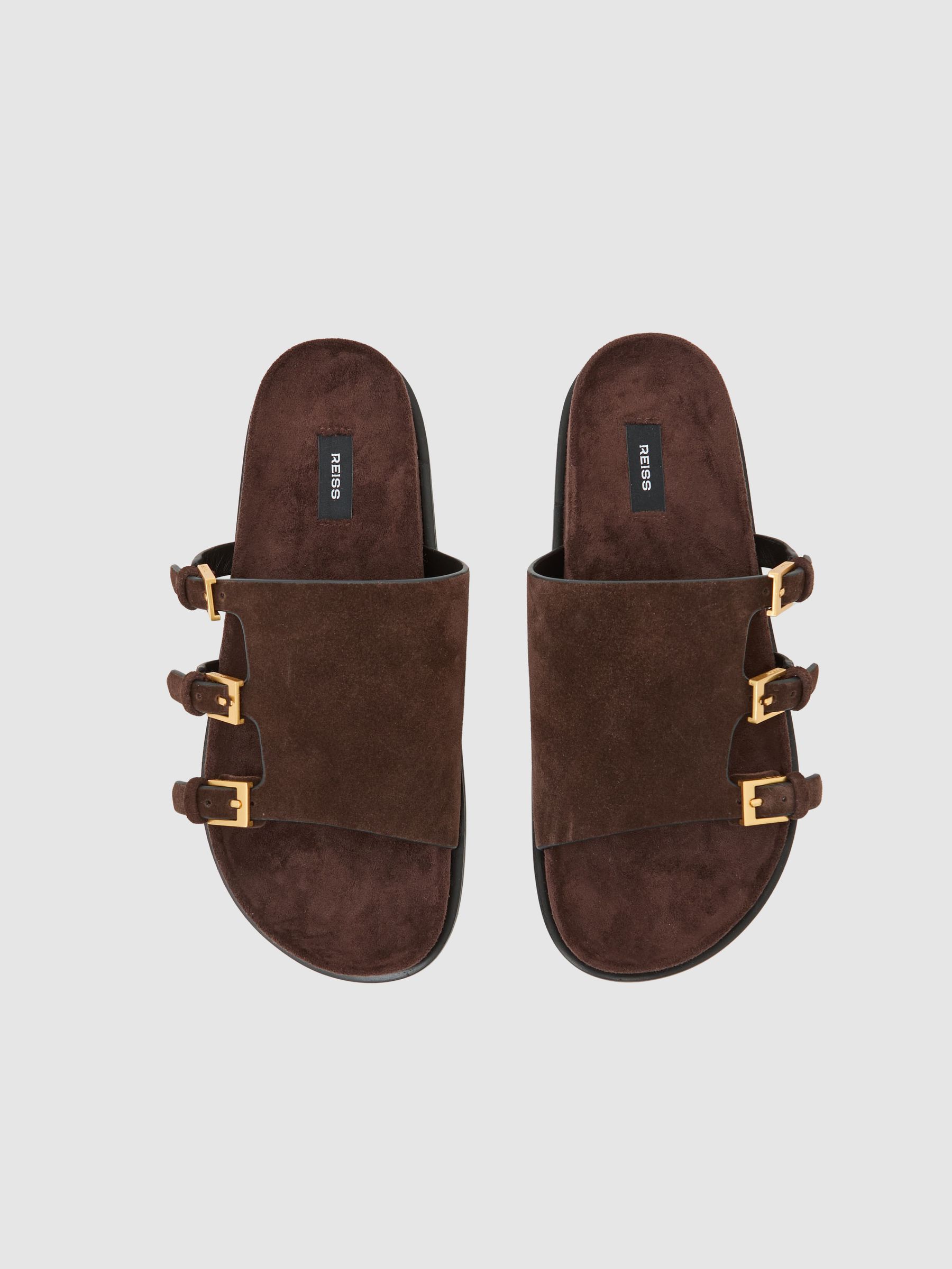 Suede Buckle-Strap Slip-On Sandals in Chocolate - image 4