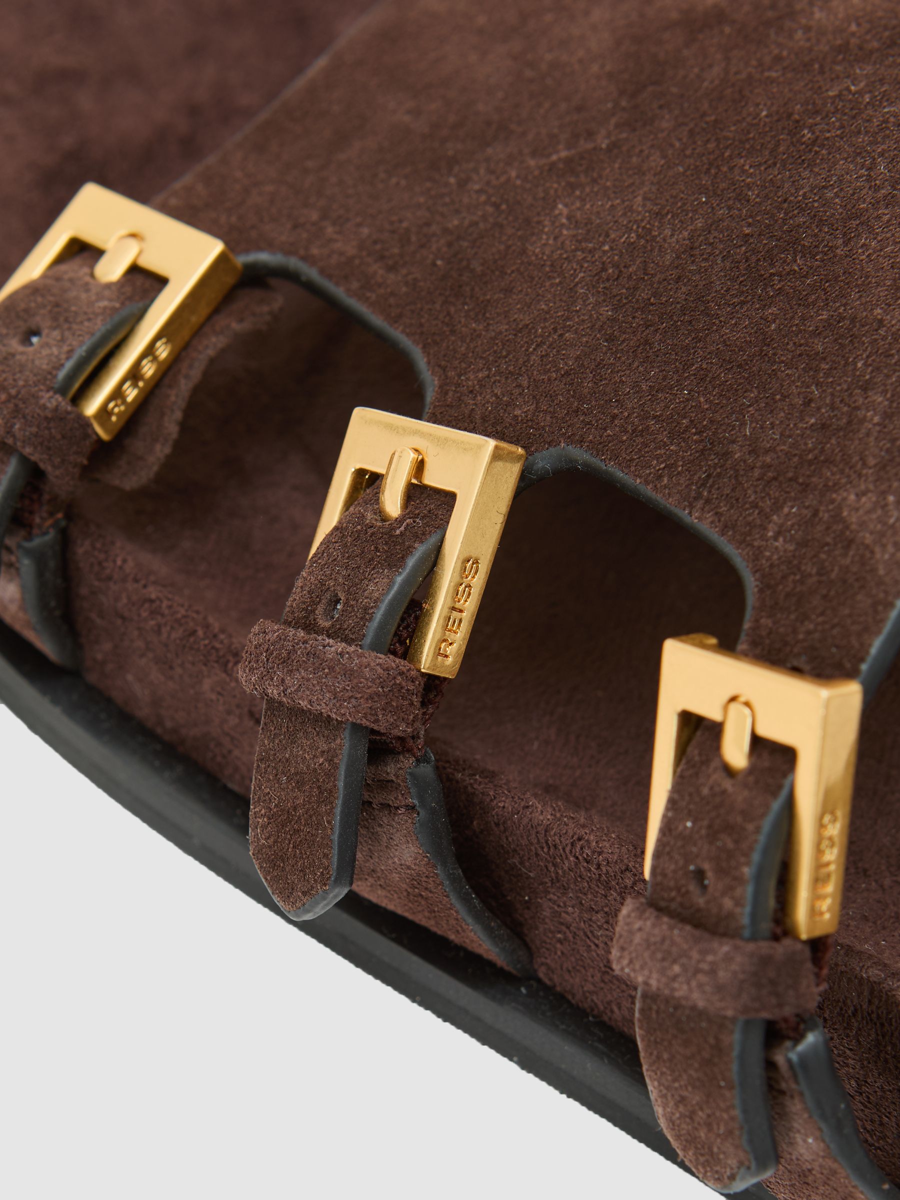 Suede Buckle-Strap Slip-On Sandals in Chocolate - image 3