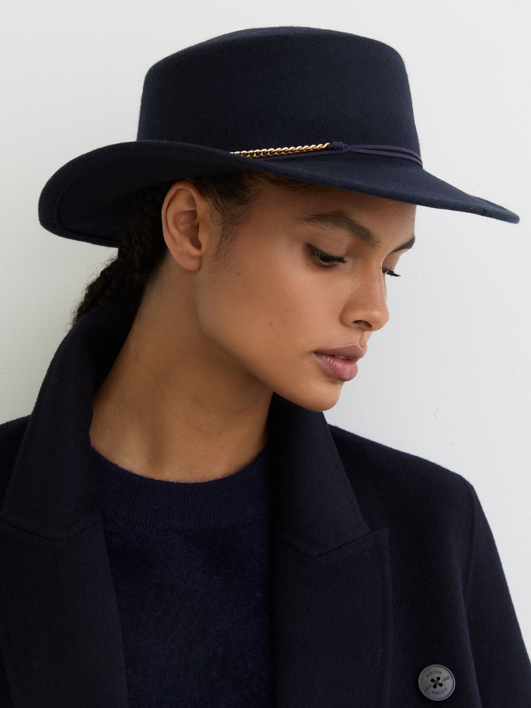 Wool Felt Chain-Strap Fedora Hat in Navy - Image 2 of 4