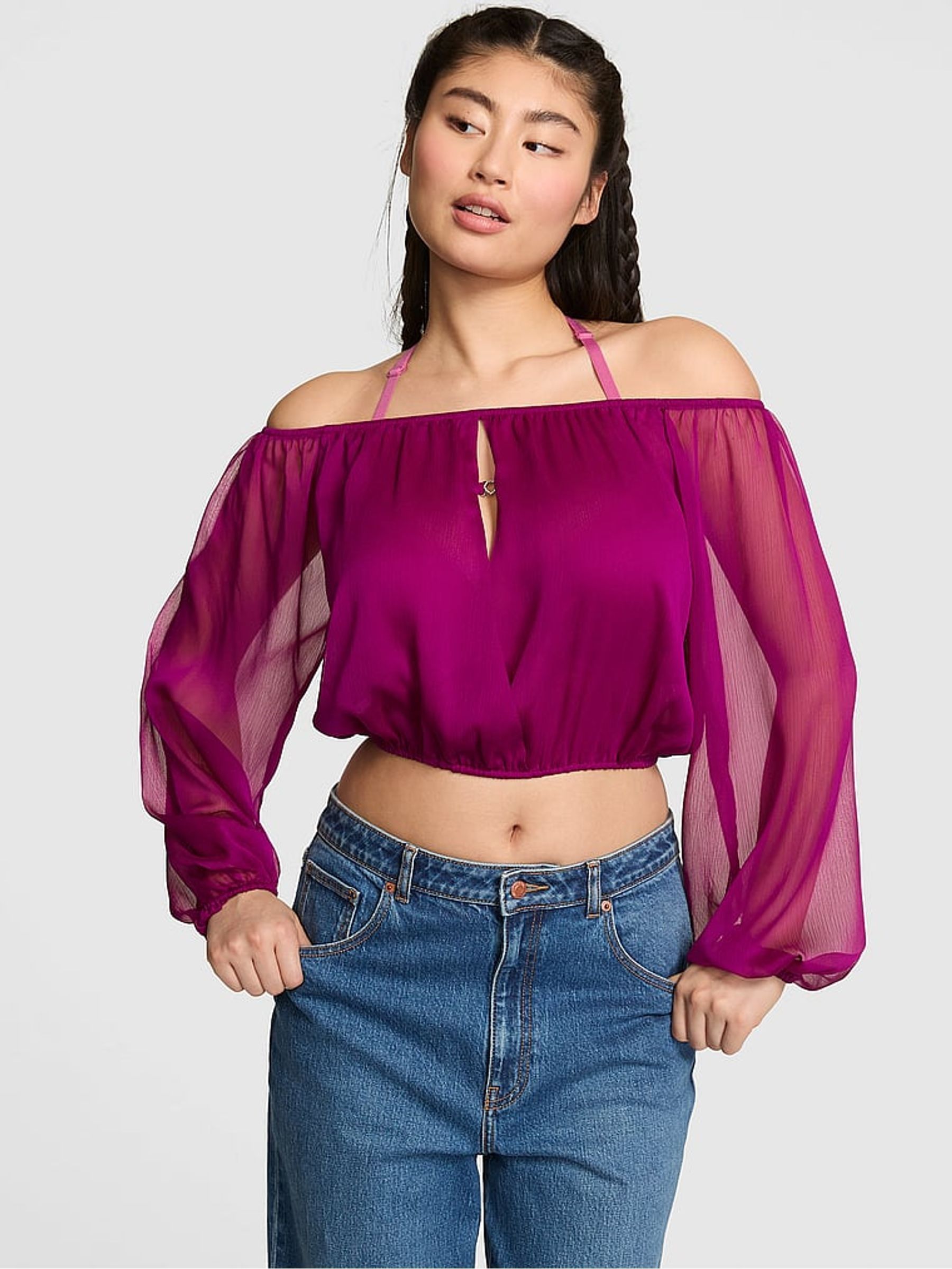 Magenta Purple Long Sleeve Off The Shoulder Top - Image 1 of 2