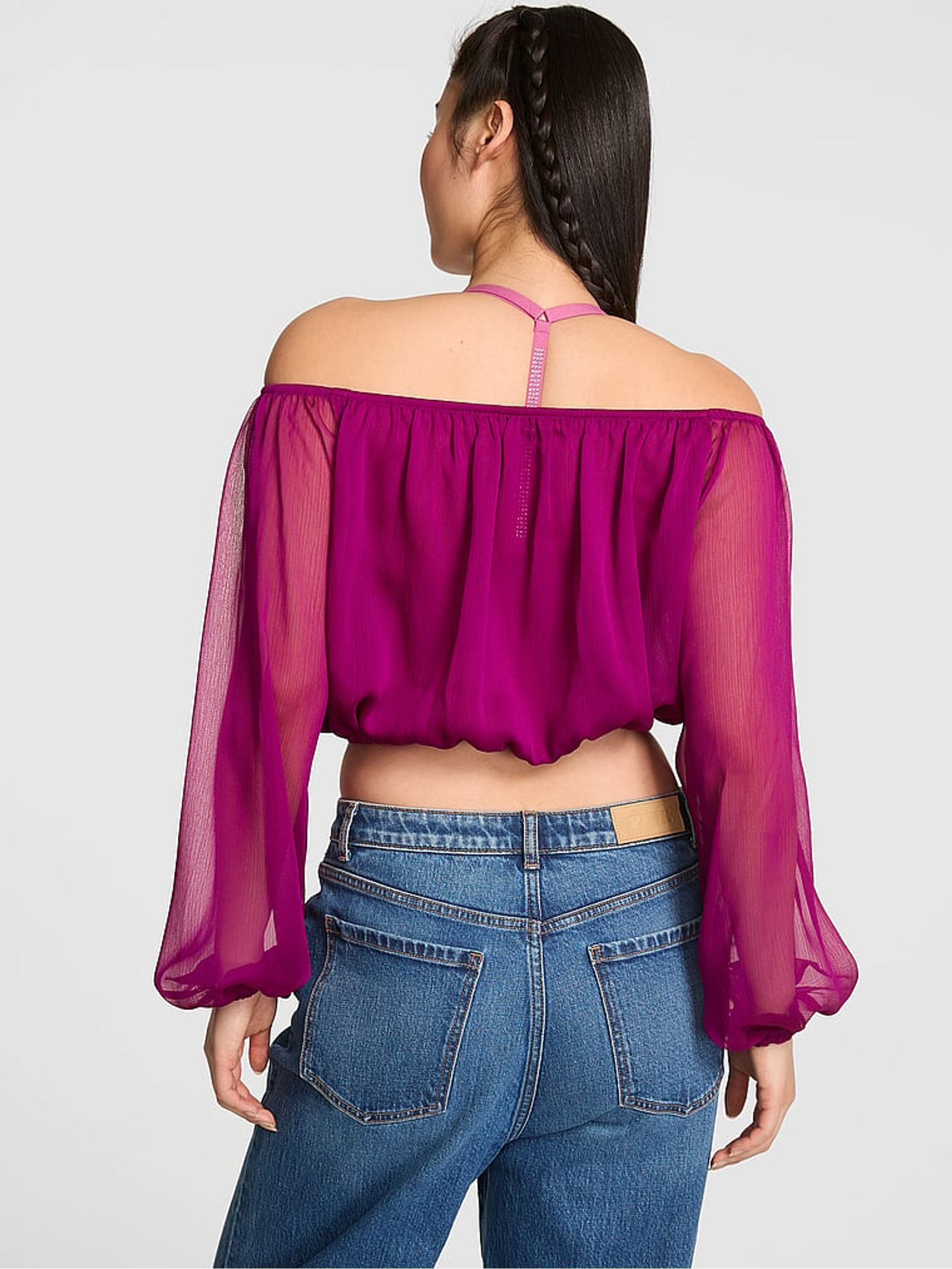 Magenta Purple Long Sleeve Off The Shoulder Top - Image 2 of 2