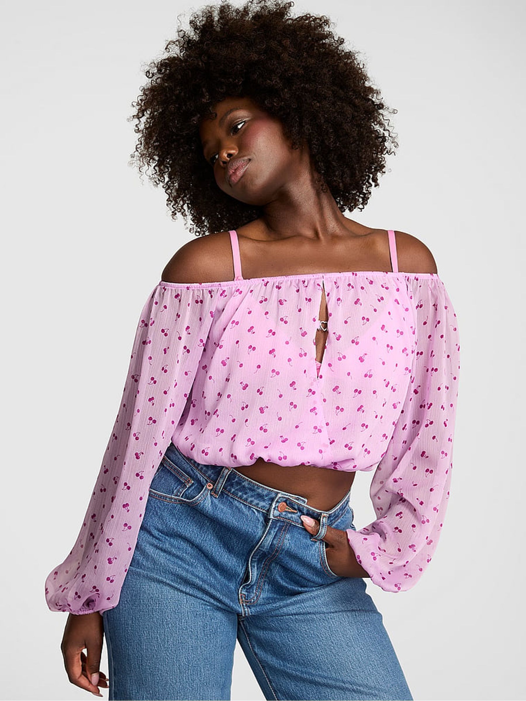 Purple Cherries Long Sleeve Off The Shoulder Top - Image 1 of 3 Purple Cherries Long Sleeve Off The Shoulder Top - Image 1 of 3