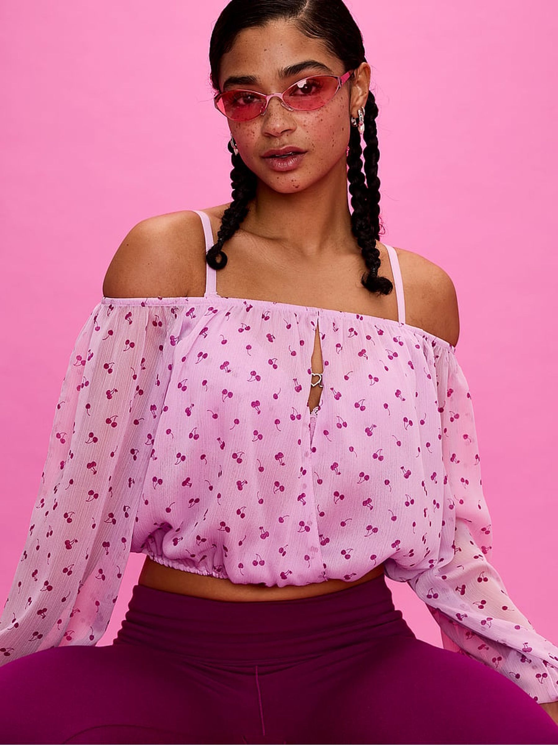 Purple Cherries Long Sleeve Off The Shoulder Top - Image 3 of 3 Purple Cherries Long Sleeve Off The Shoulder Top - Image 3 of 3