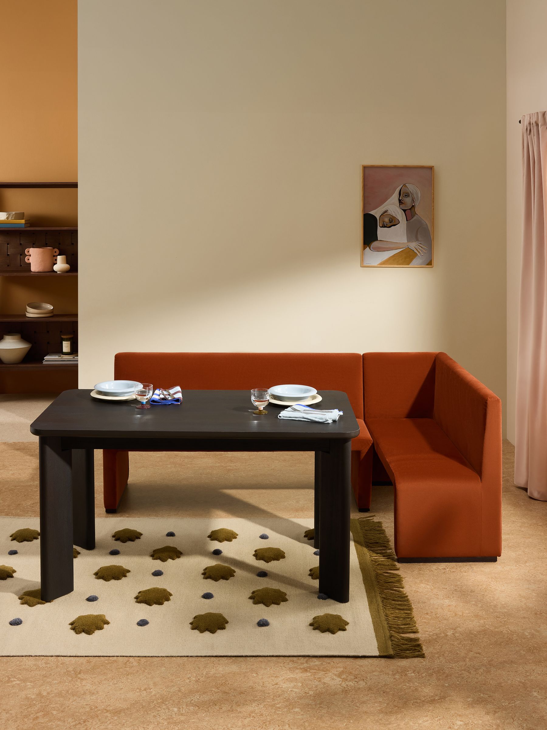 Tova Right Hand Corner Dining Table and Bench Set in Rust Red Velvet - Image 1 of 7