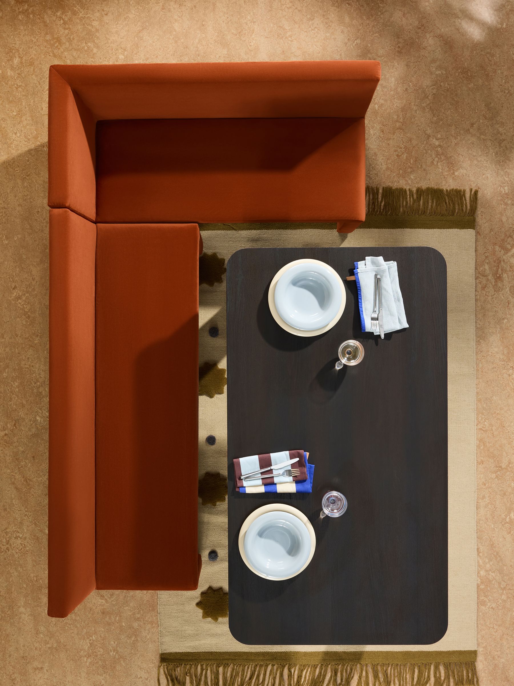 Tova Right Hand Corner Dining Table and Bench Set in Rust Red Velvet - Image 2 of 7