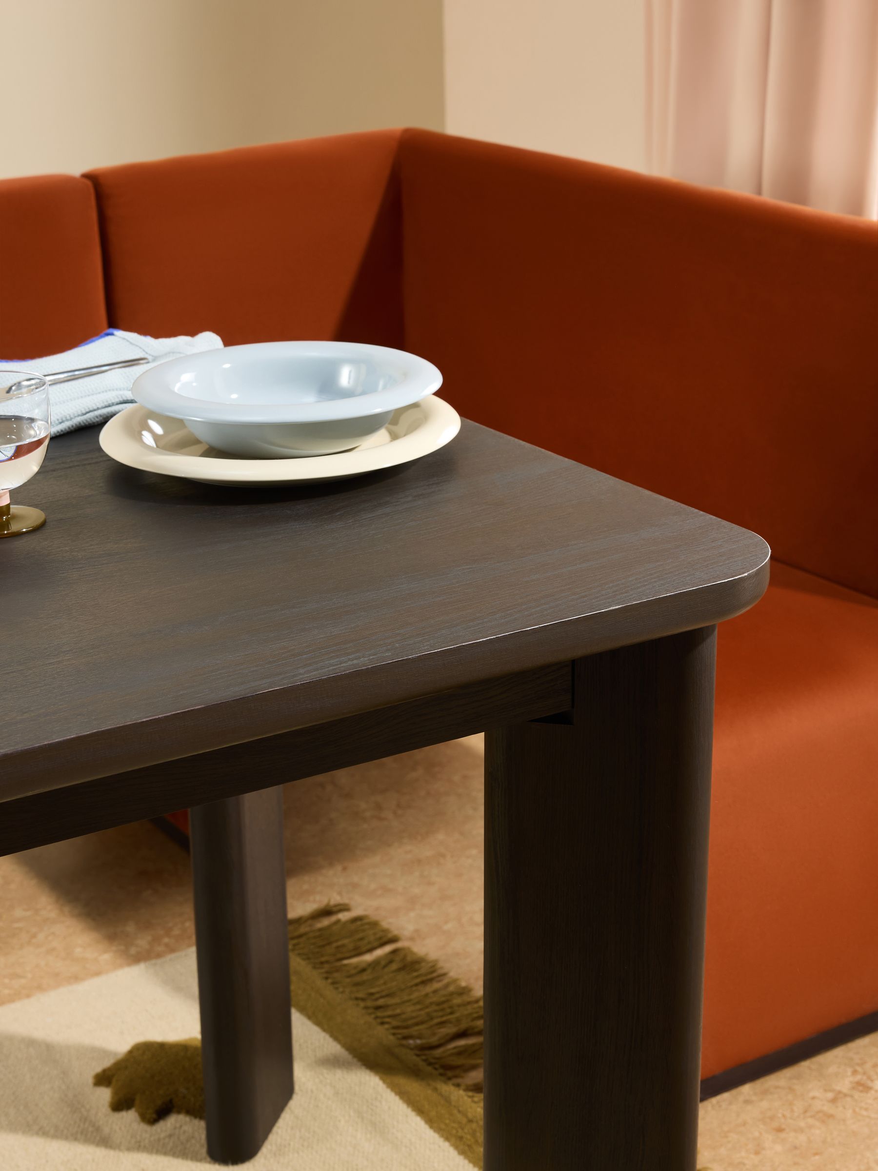 Tova Right Hand Corner Dining Table and Bench Set in Rust Red Velvet - Image 4 of 7