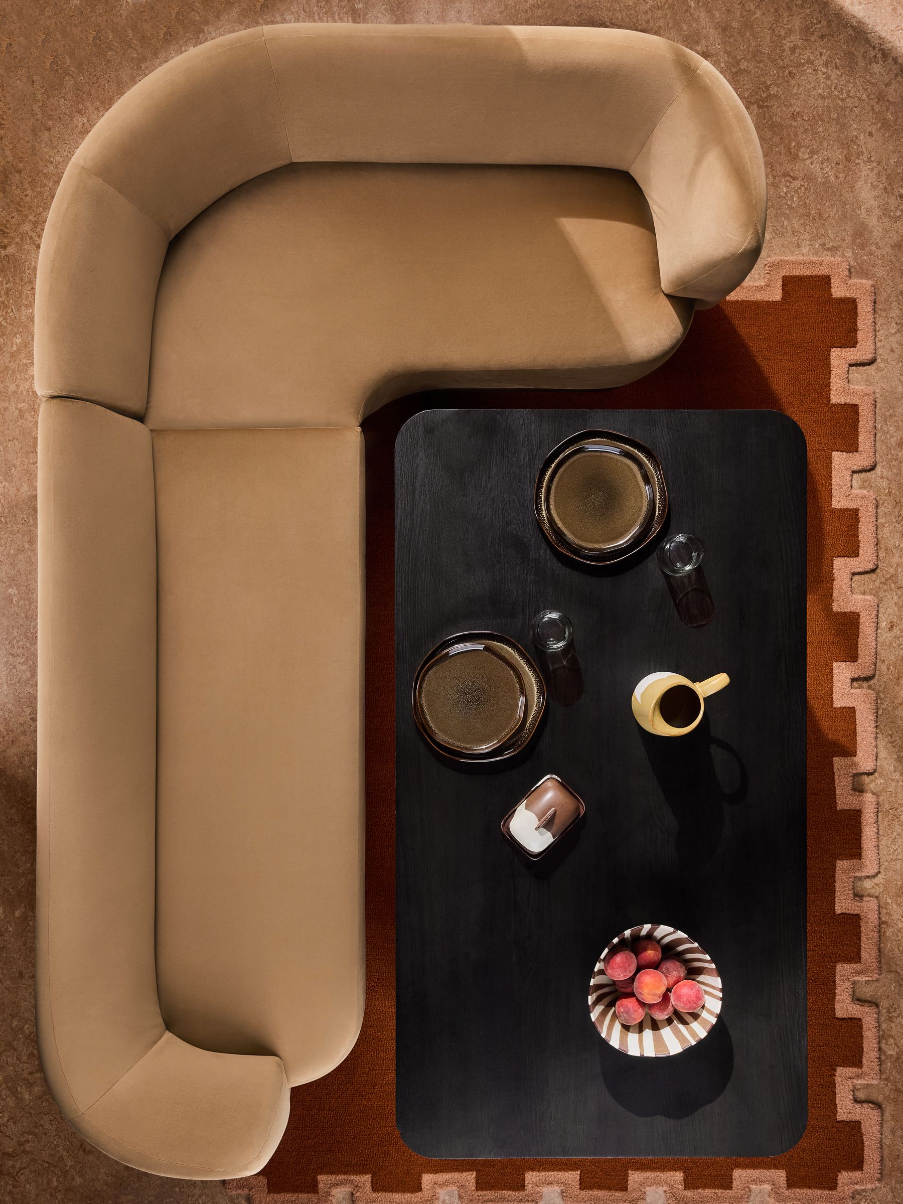 Novara Right Hand Corner Dining Table and Bench Set in Caramel Brown Velvet - Image 1 of 8