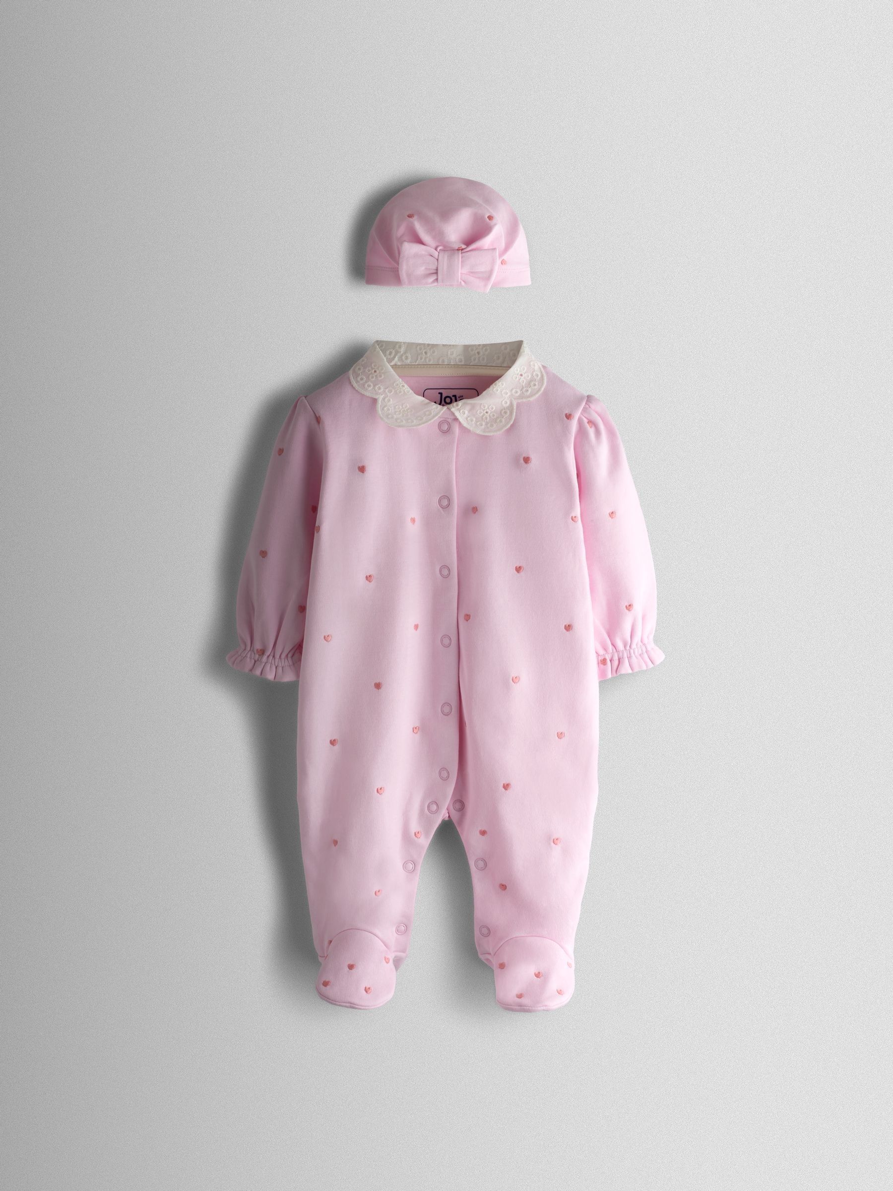Pink Heart Embroidered Cotton Footed Sleepsuit and Bonnet Set - Image 1 of 8