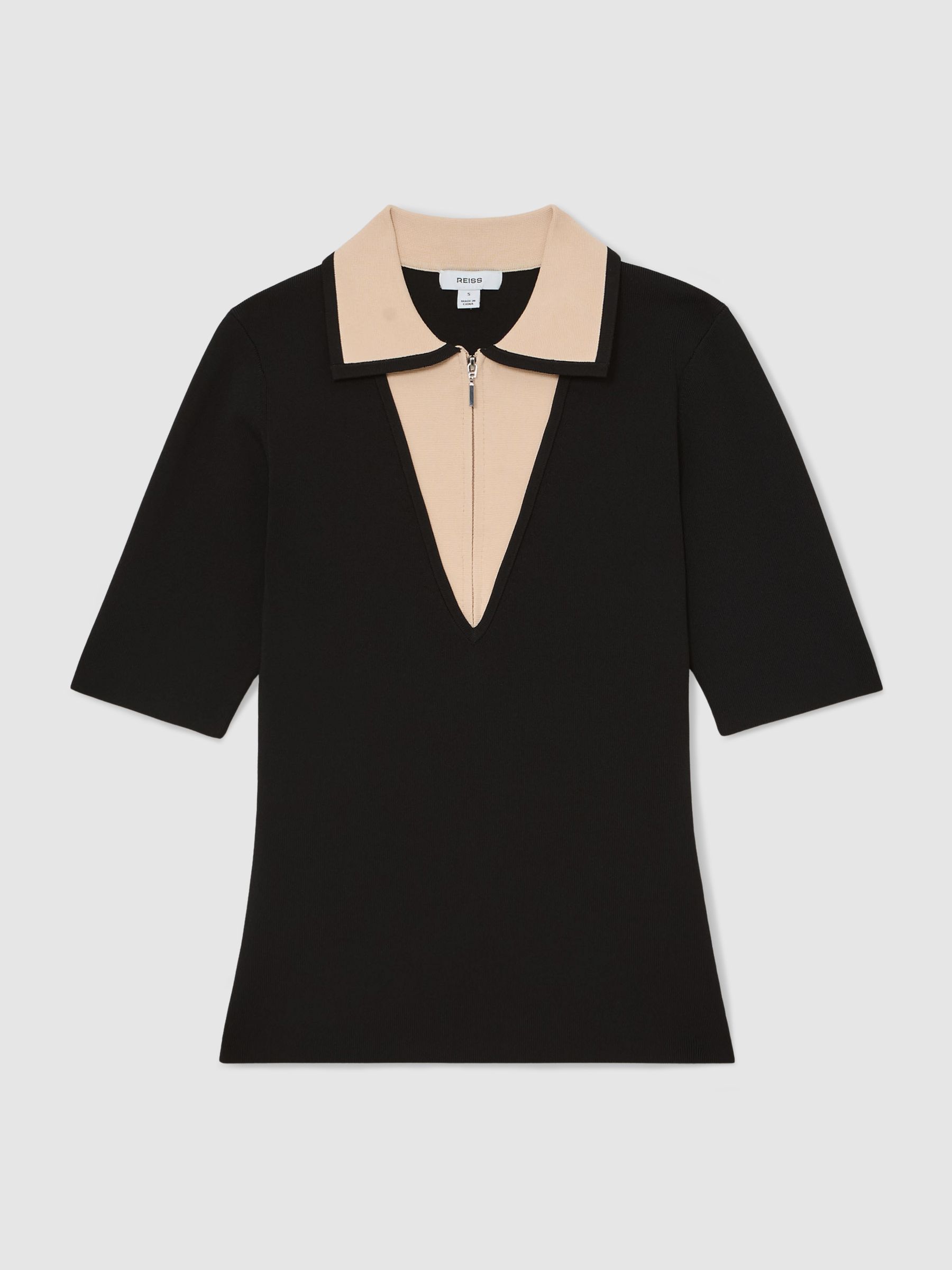 Contrast-Collar Half-Zip Knitted Top in Black/Ivory - Image 2 of 6