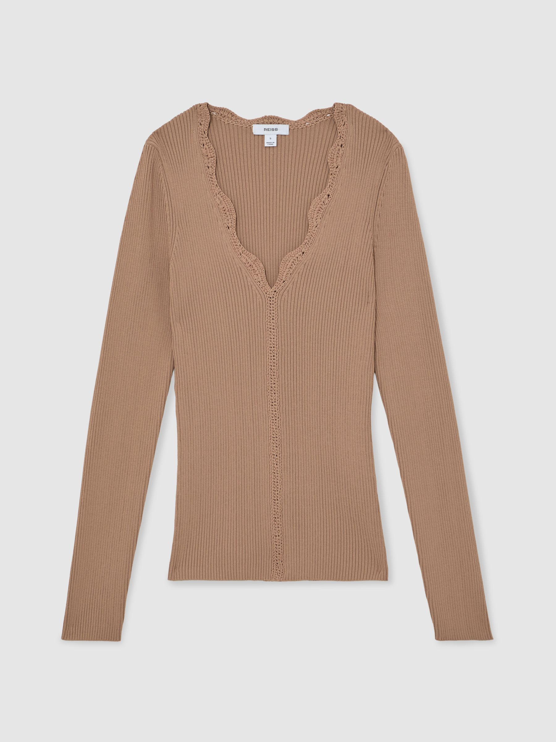 Crochet-Trim Rib-Knit Top in Taupe Neutral