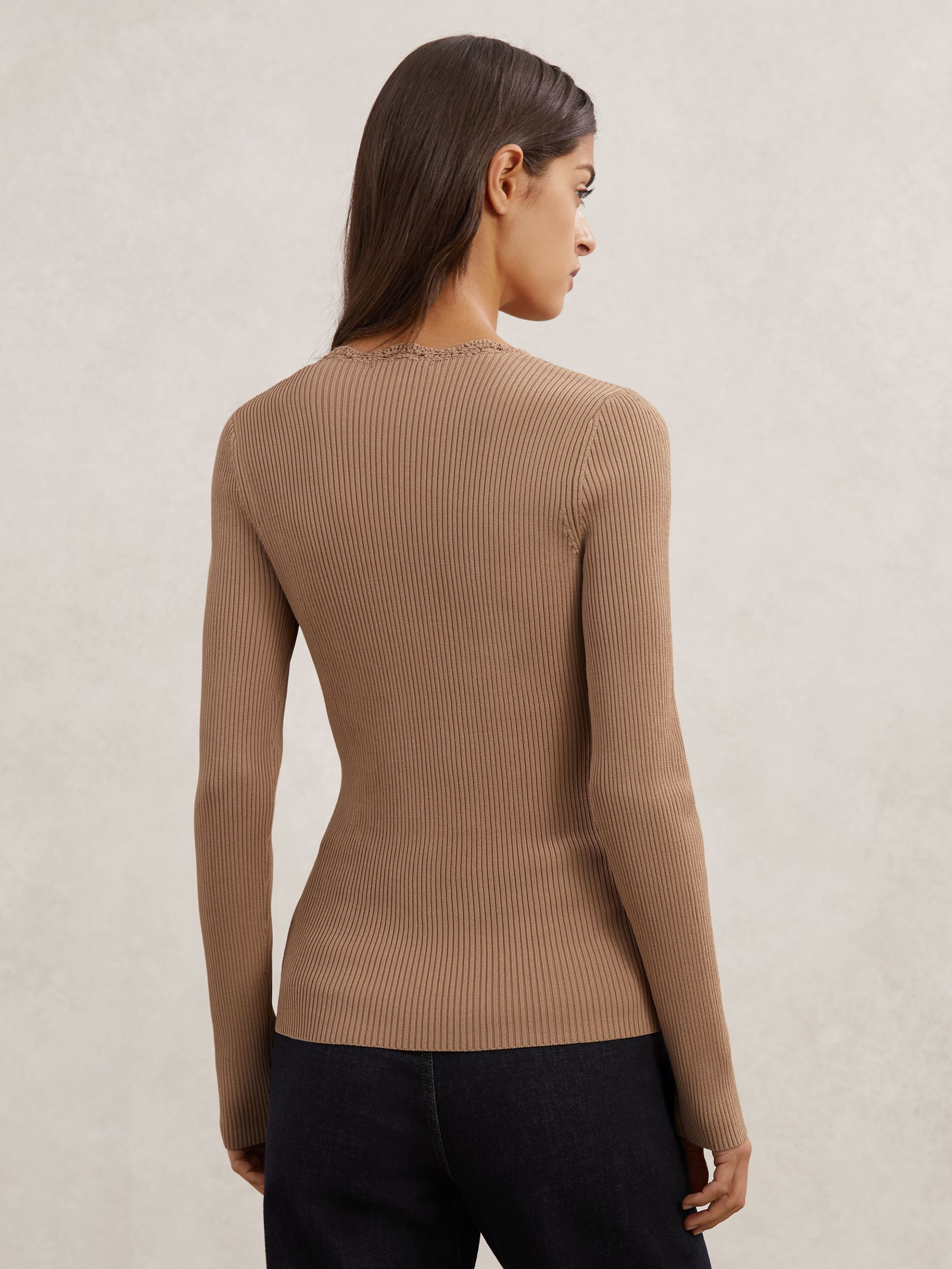 Crochet-Trim Rib-Knit Top in Taupe Neutral - image 4