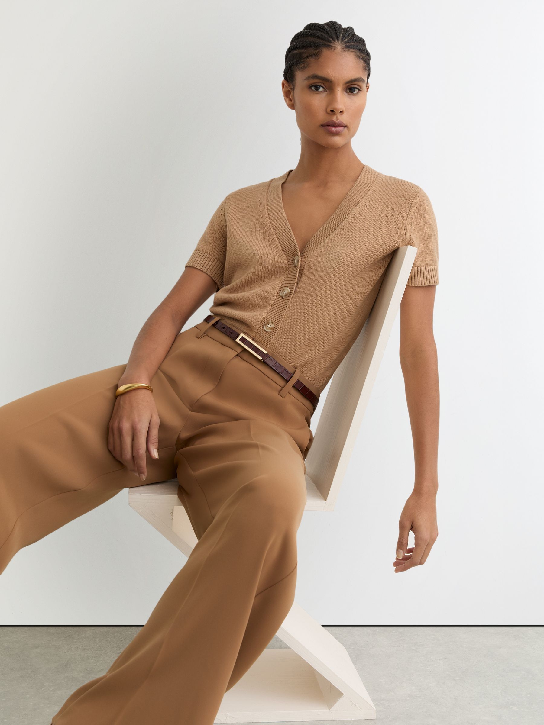 V-Neck Short-Sleeve Cardigan Cotton-Wool in Camel - image 2
