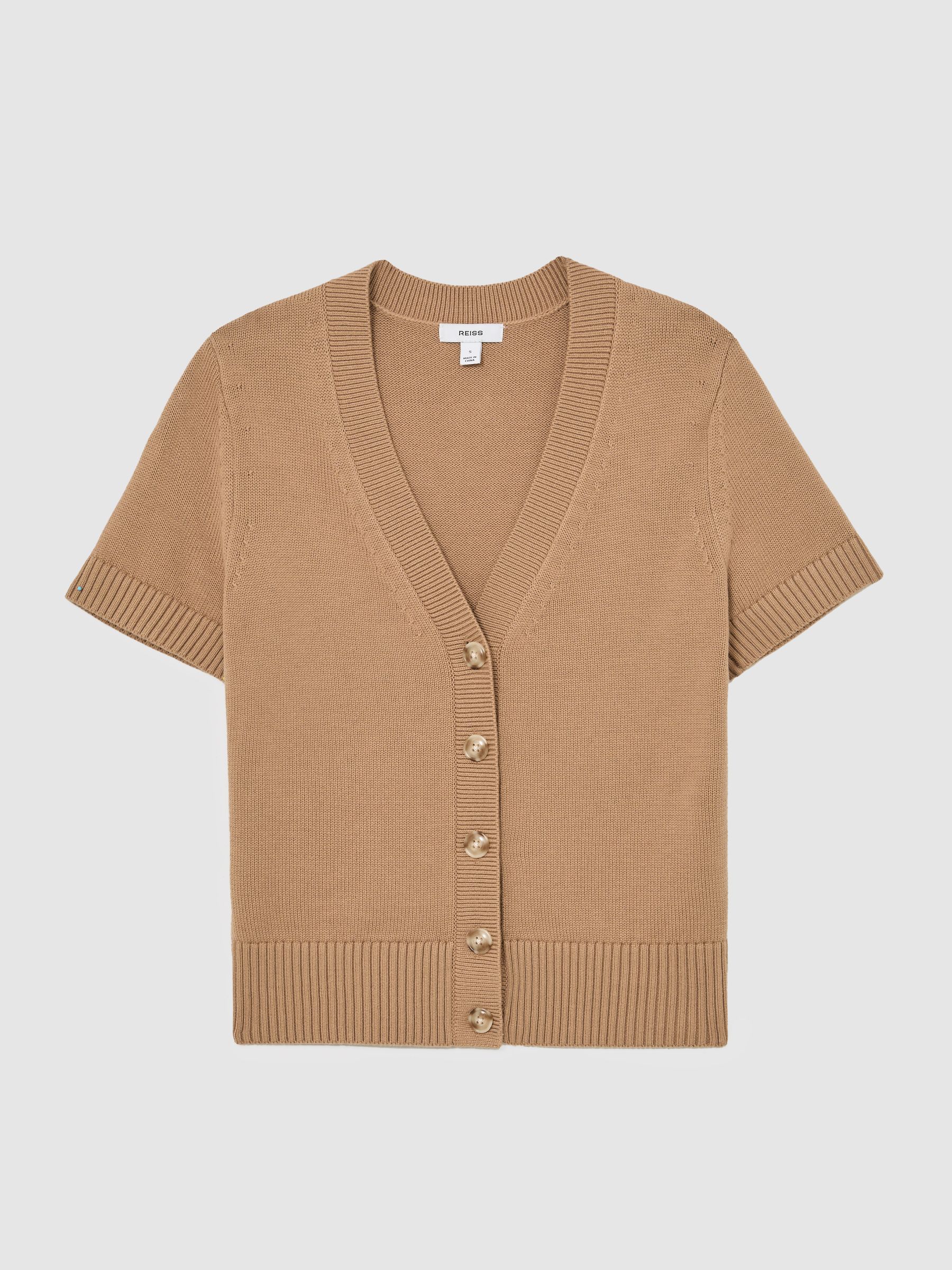 V-Neck Short-Sleeve Cardigan Cotton-Wool in Camel - image 1