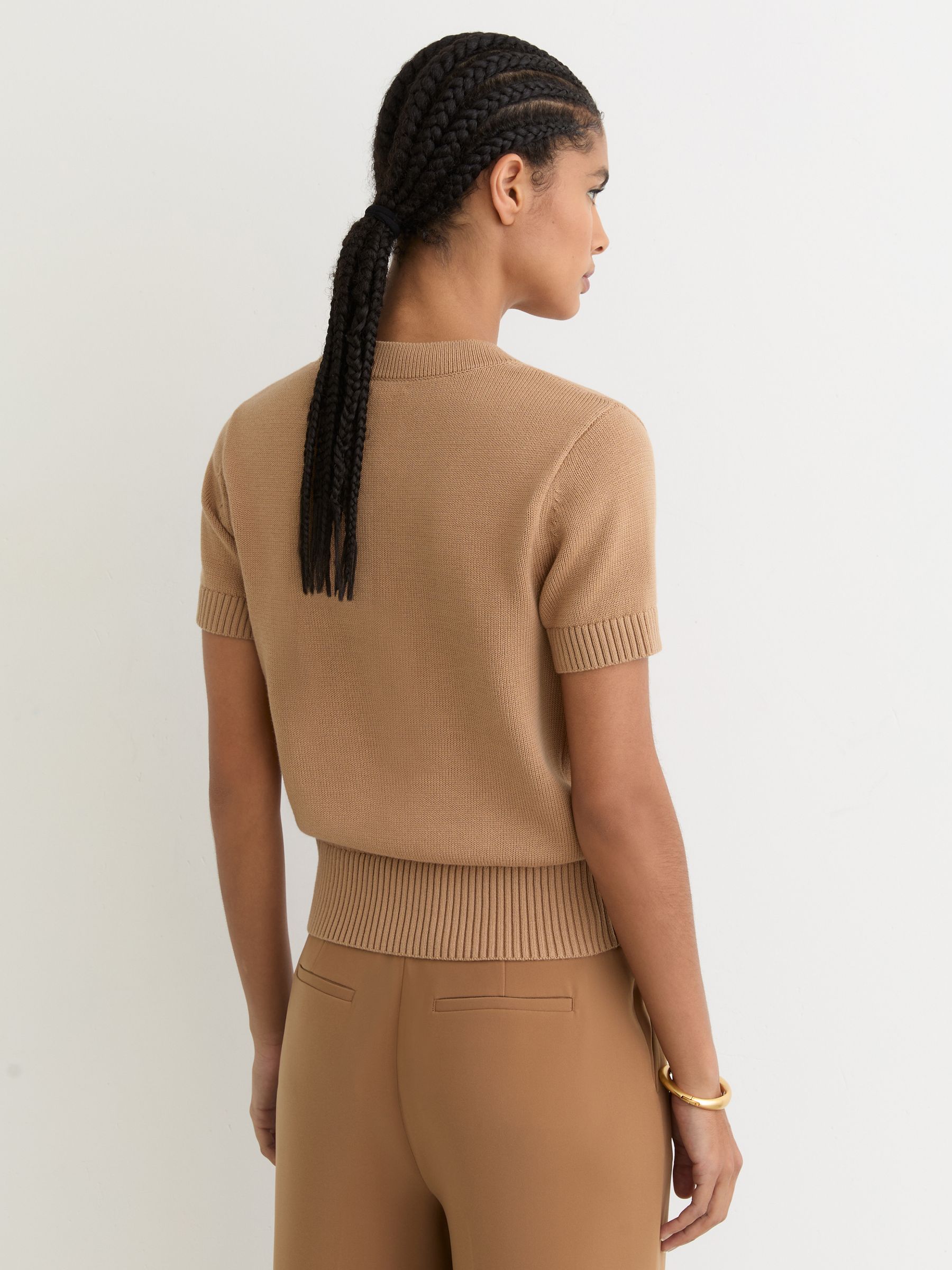 V-Neck Short-Sleeve Cardigan Cotton-Wool in Camel - image 5