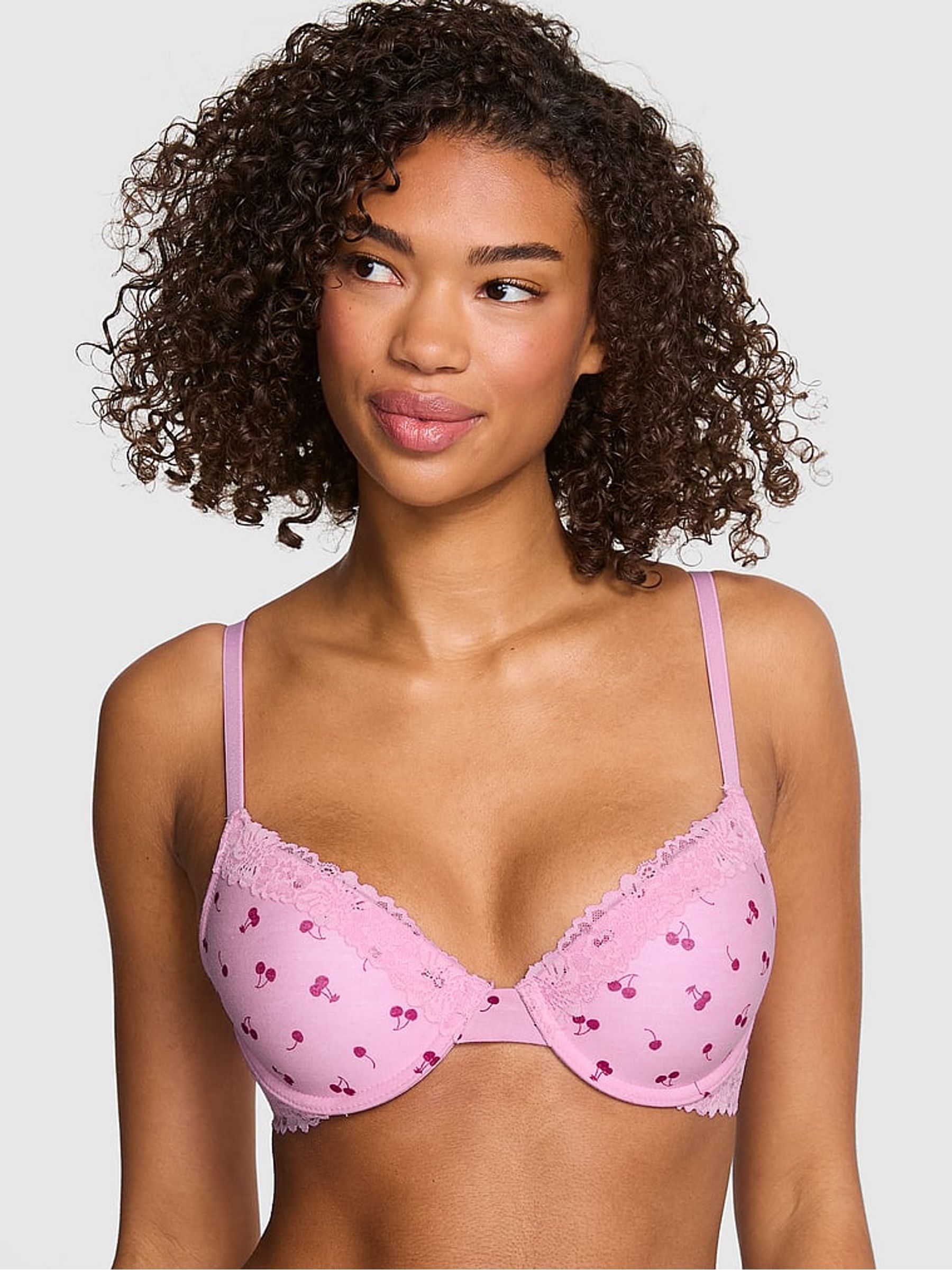 Hushed Lilac Purple Cherry Print Lightly Lined Cotton Heather Lace Trim Bra - Image 2 of 3 Hushed Lilac Purple Cherry Print Lightly Lined Cotton Heather Lace Trim Bra - Image 2 of 3