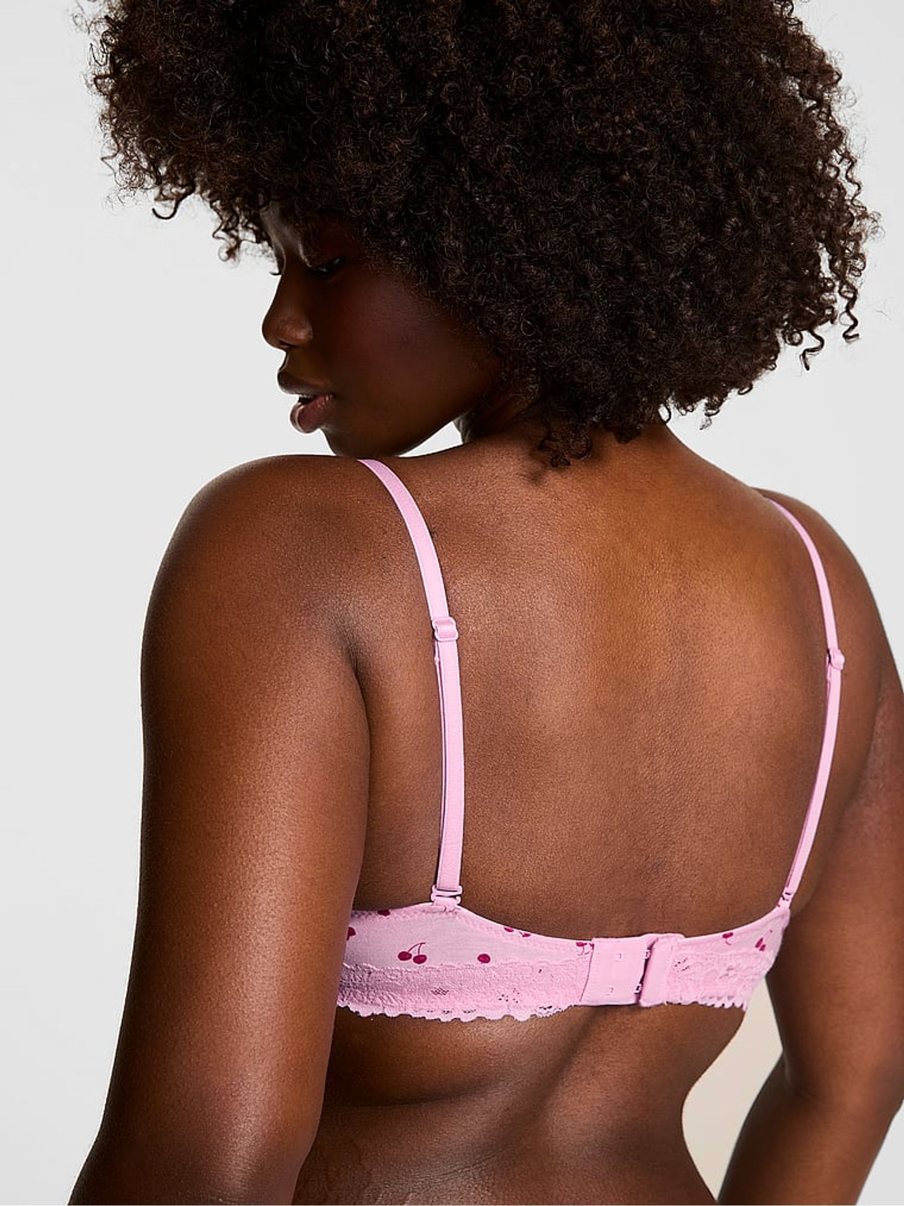 Hushed Lilac Purple Cherry Print Push Up Cotton Heather Lace Trim Bra - Image 2 of 3