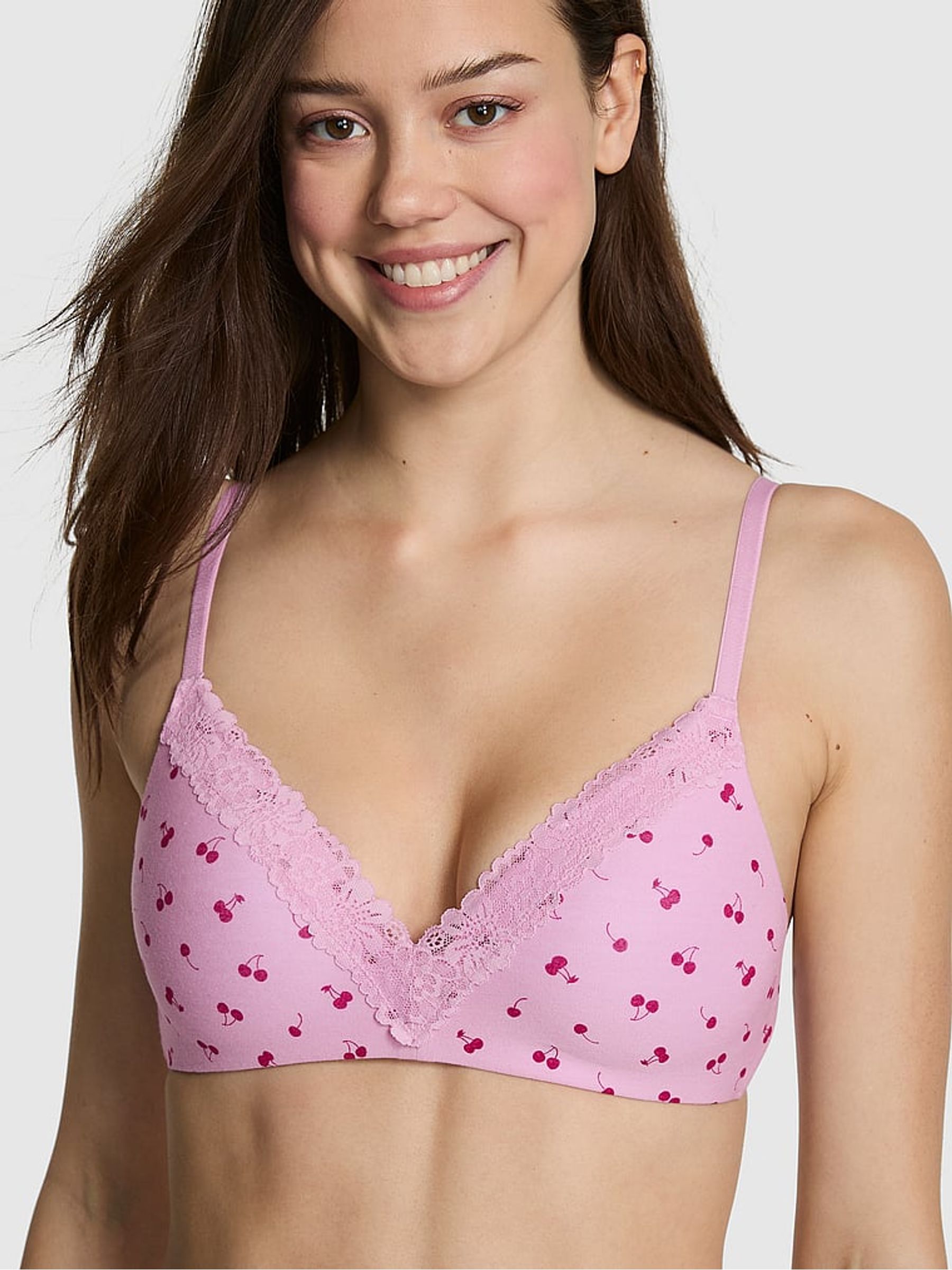 Hushed Lilac Purple Cherry Print Non Wired Lightly Lined Cotton Heather Lace Trim Bra - Image 1 of 2