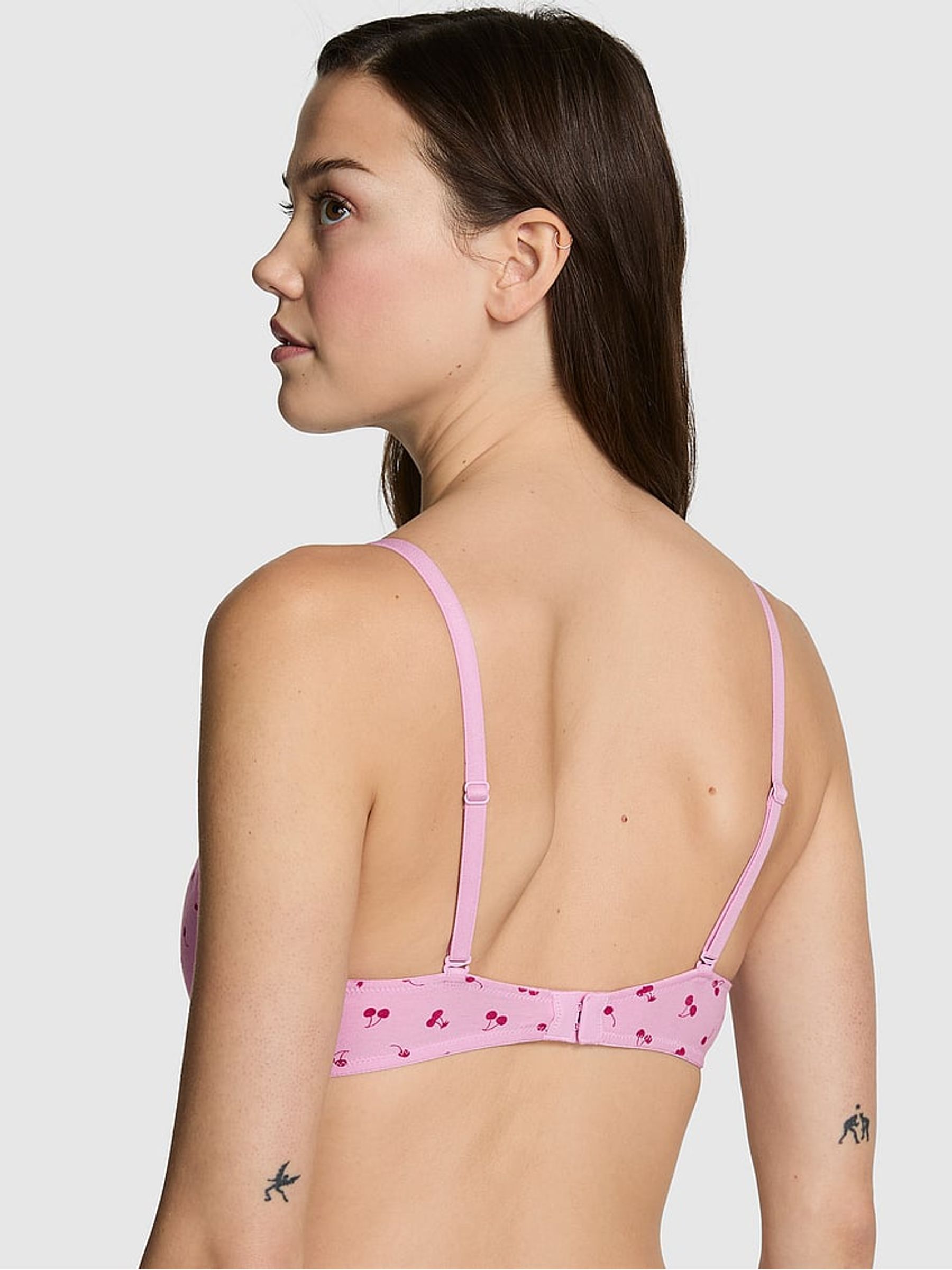 Hushed Lilac Purple Cherry Print Non Wired Lightly Lined Cotton Heather Lace Trim Bra - Image 2 of 2