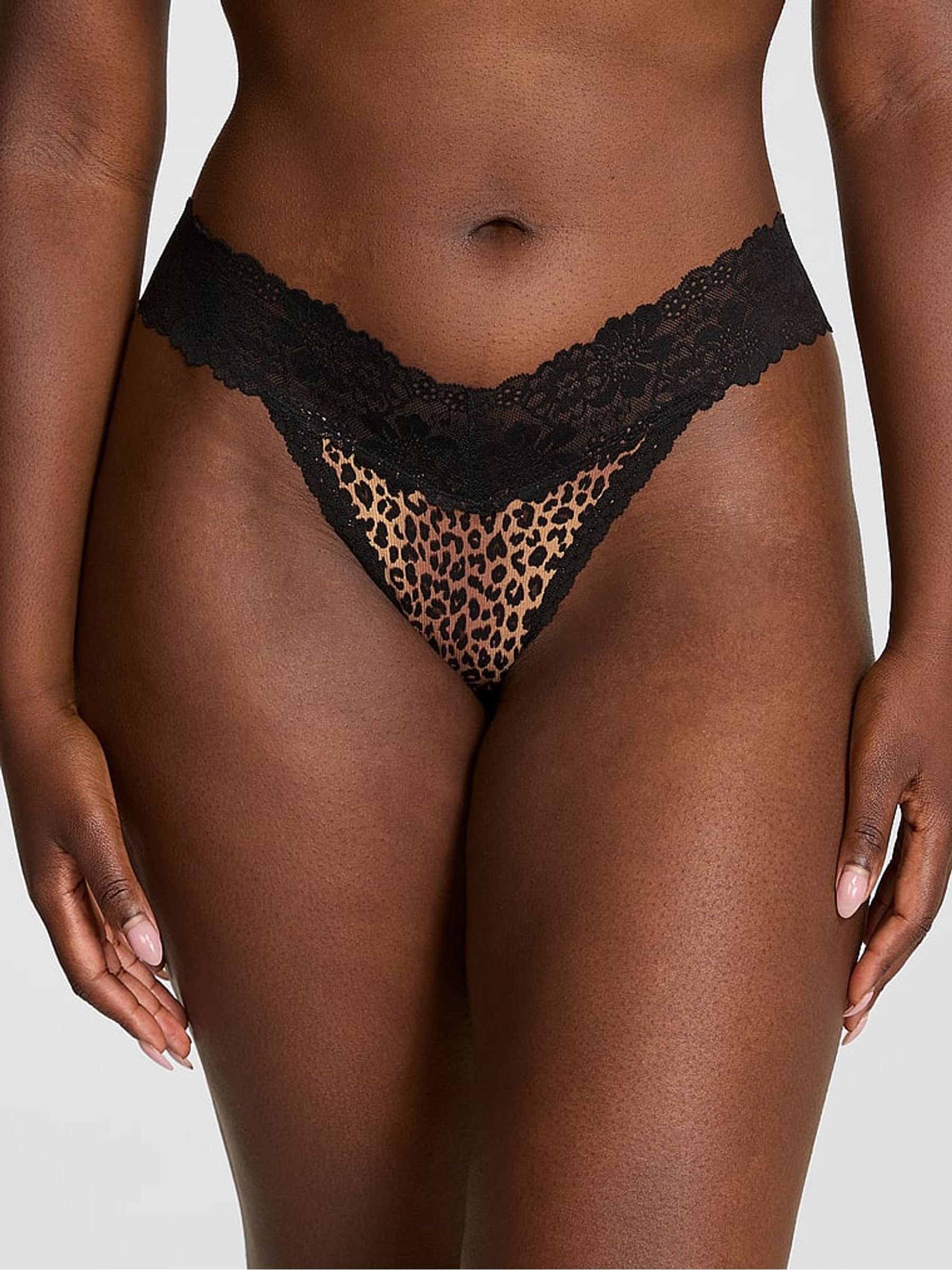Leopard Brown Thong Lace Trim Rib Knickers - Image 1 of 2