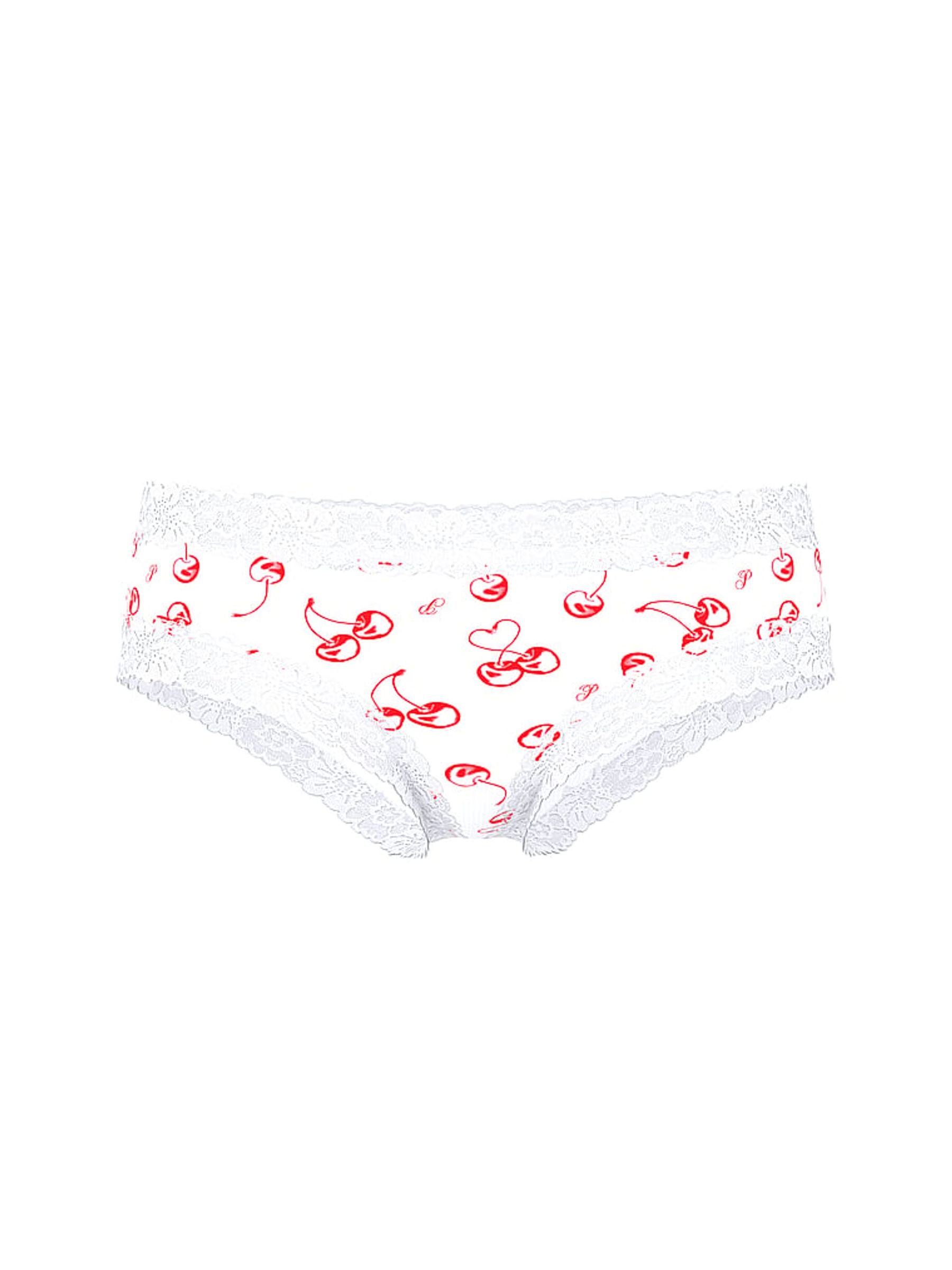 White Cherry Print Cheeky Lace Trim Rib Knickers - Image 1 of 1