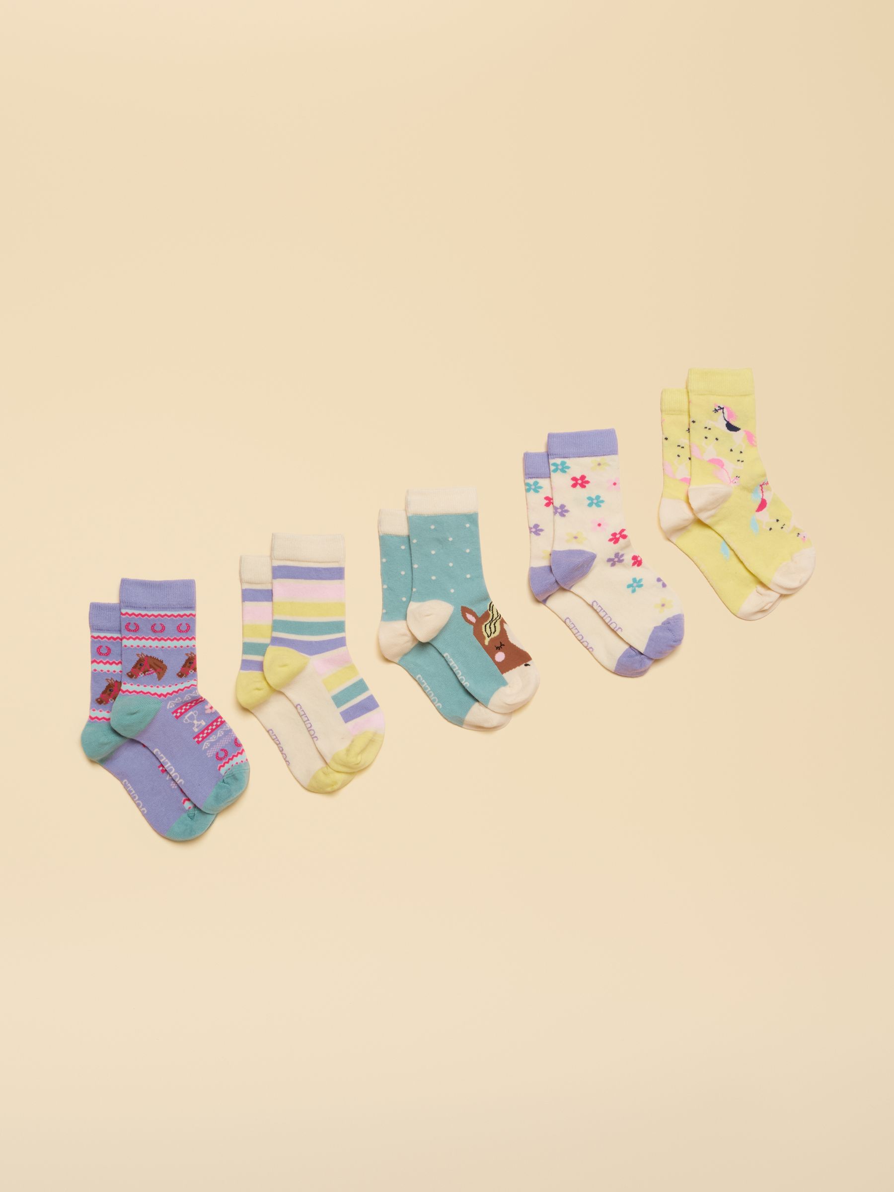 Kids' Neat Feet Blue Yellow Horse Socks 5 Pack - Image 1 of 4 Kids' Neat Feet Blue Yellow Horse Socks 5 Pack - Image 1 of 4