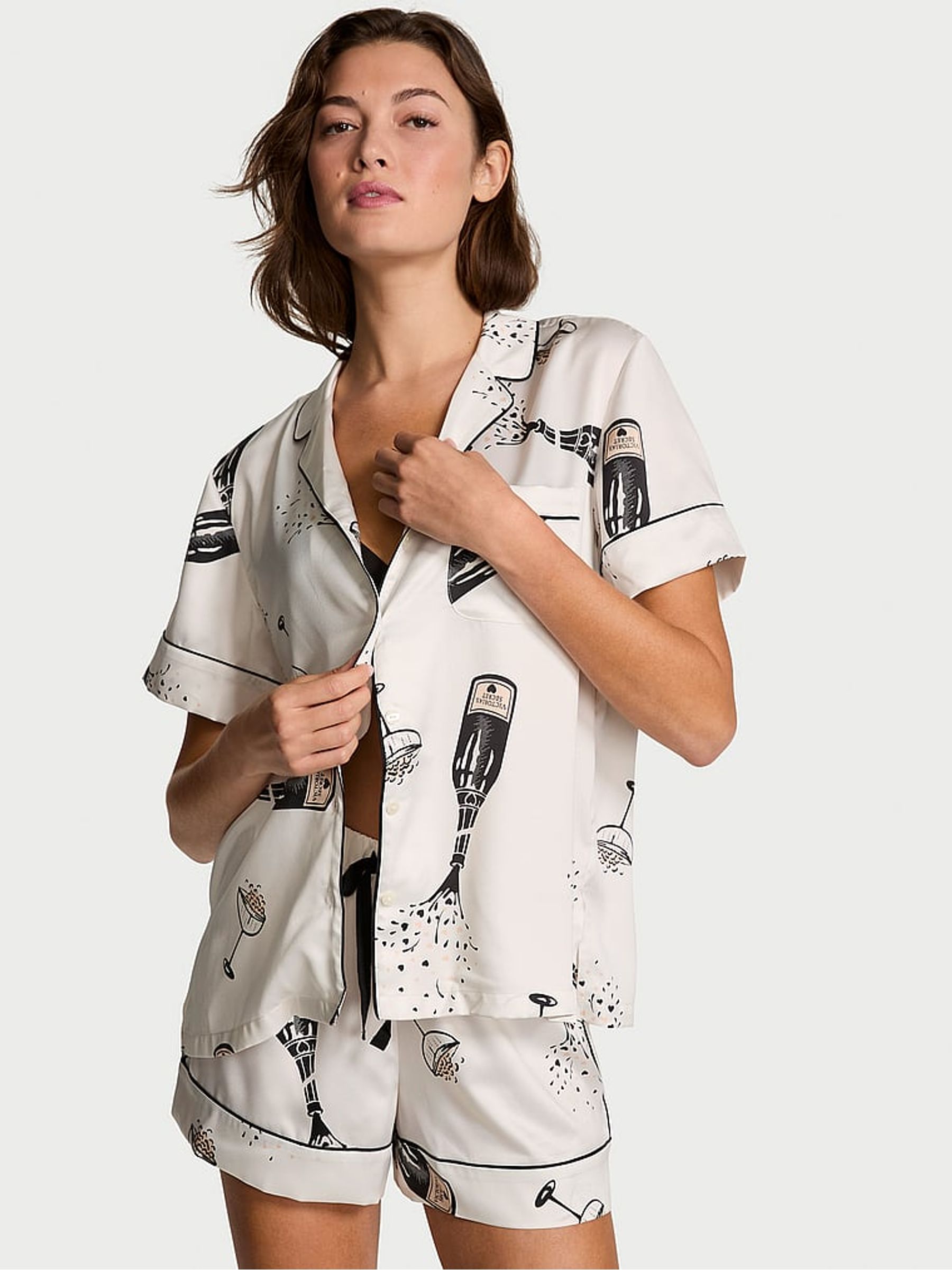 Coconut White Champagne Bottles Satin Short Pyjamas Set - Image 1 of 2
