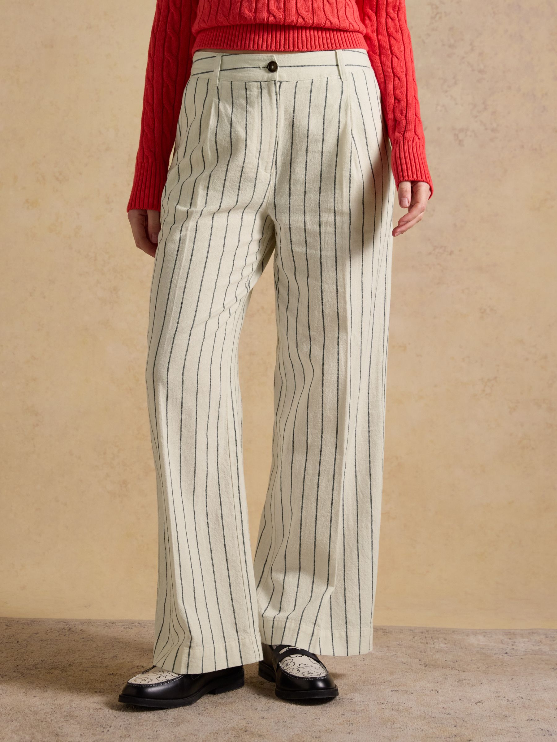 Cream/Navy Striped Linen Tailored Wide Leg Trouser - Image 1 of 6