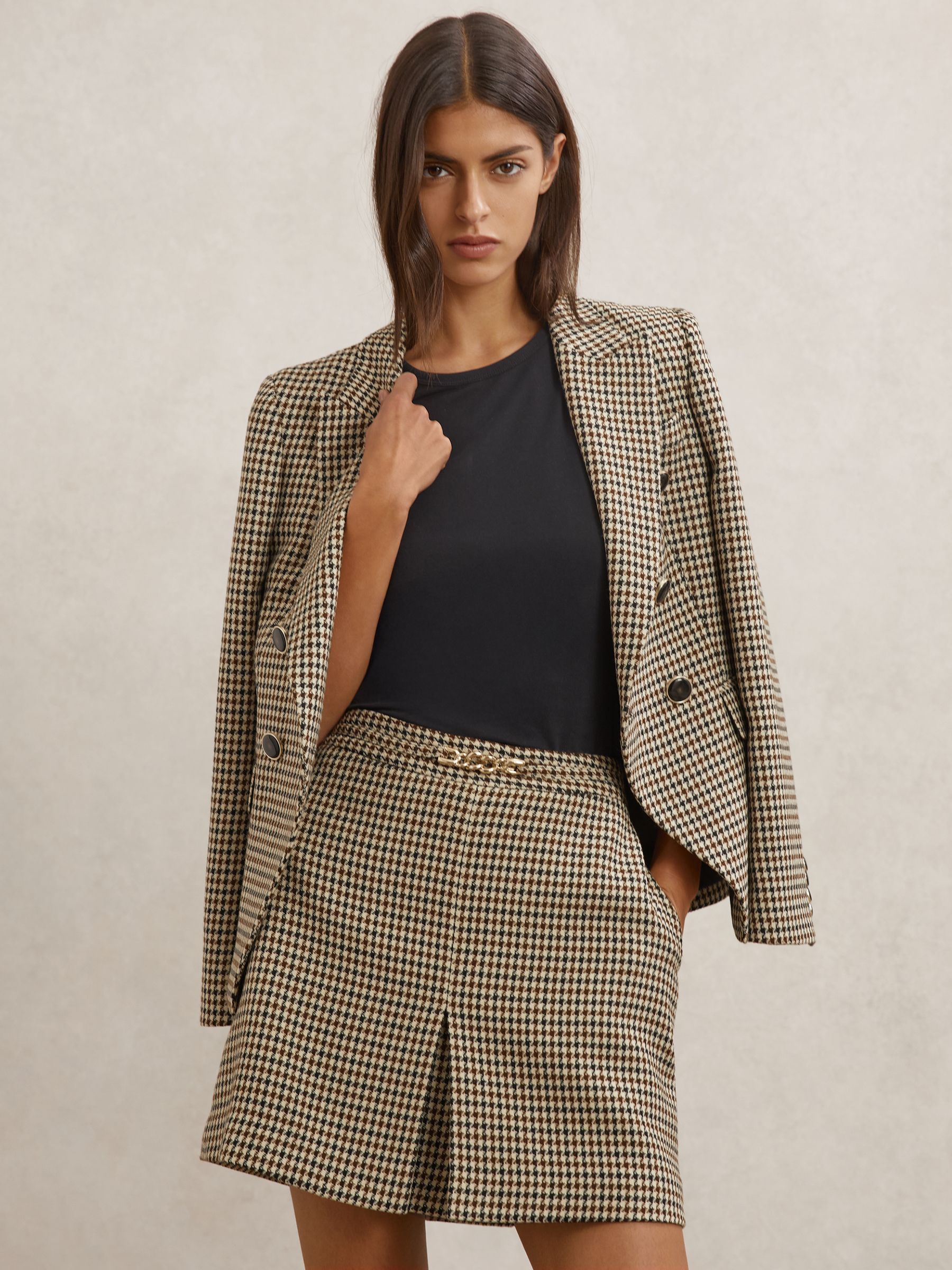 Wool-Blend Check Mini Skirt in Neutral Check - Image 1 of 6