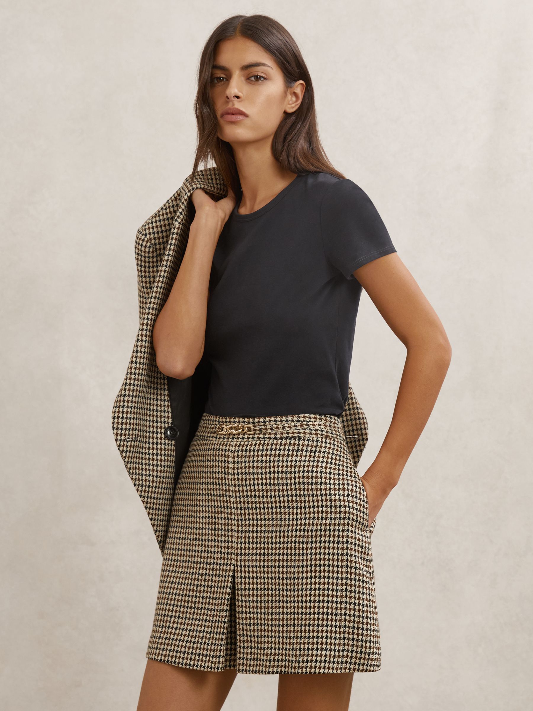 Wool-Blend Check Mini Skirt in Neutral Check - Image 4 of 6
