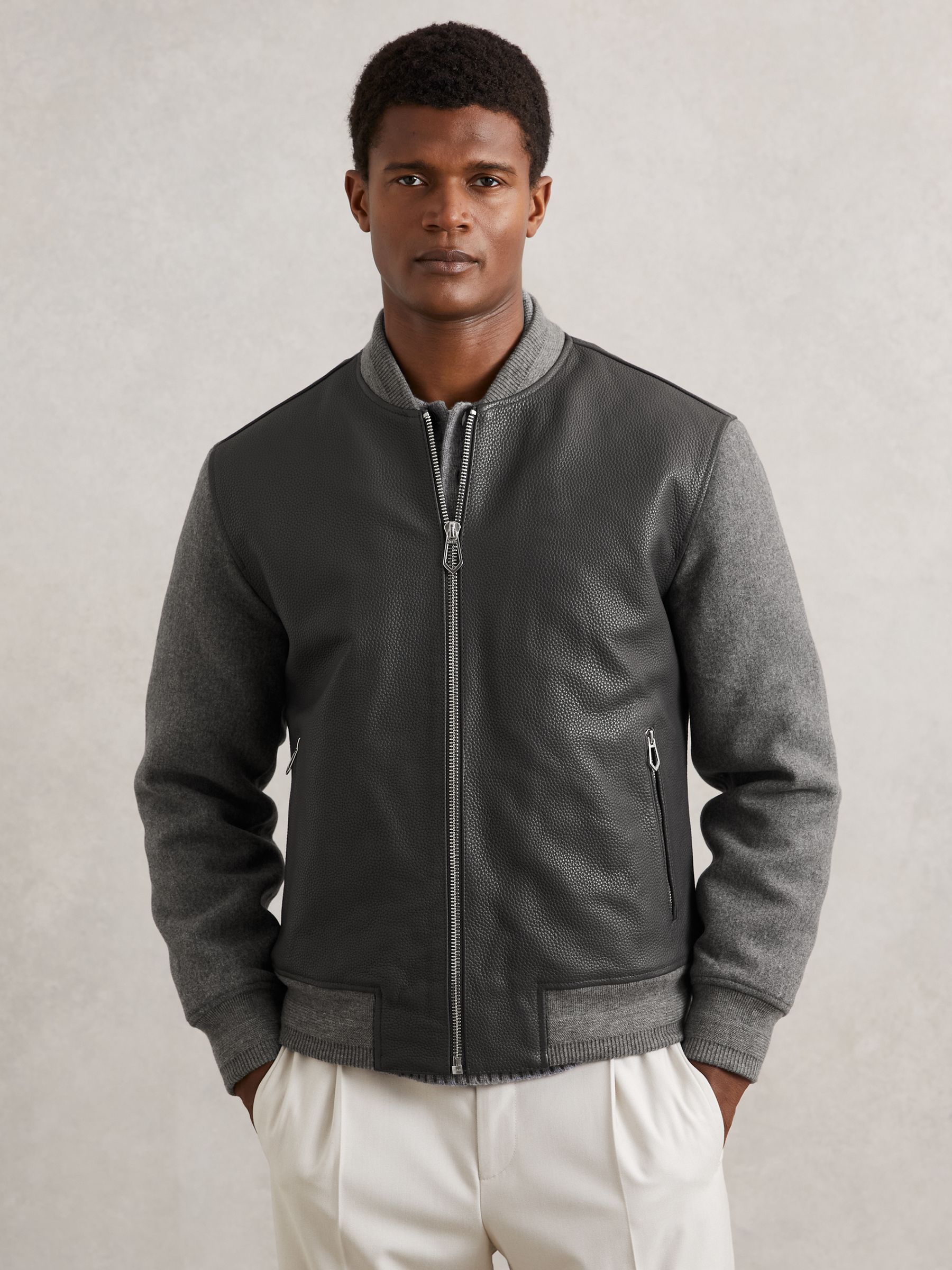 Leather Contrast-Sleeve Bomber Jacket in Grey - Image 1 of 6