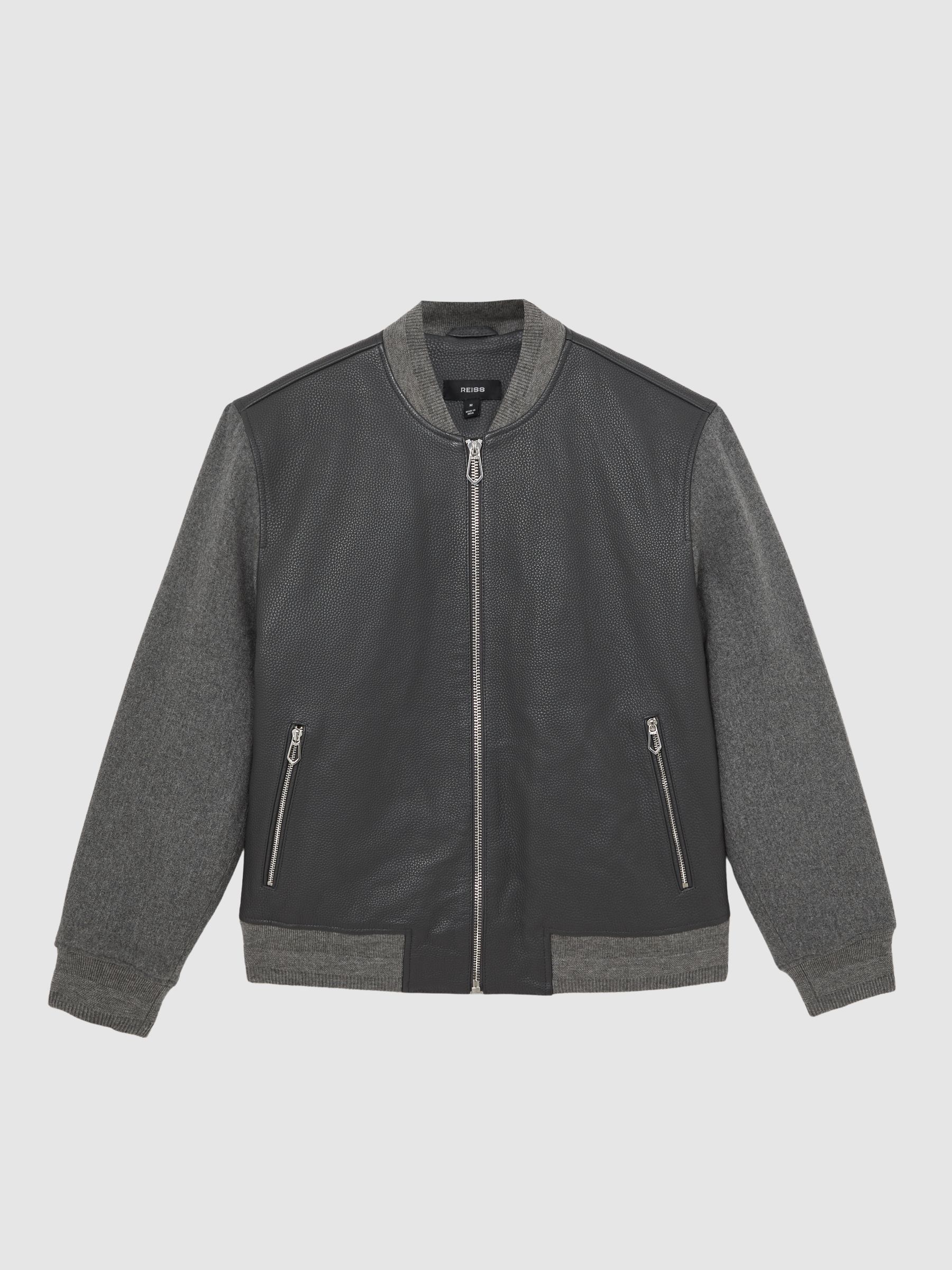 Leather Contrast-Sleeve Bomber Jacket in Grey - Image 2 of 6