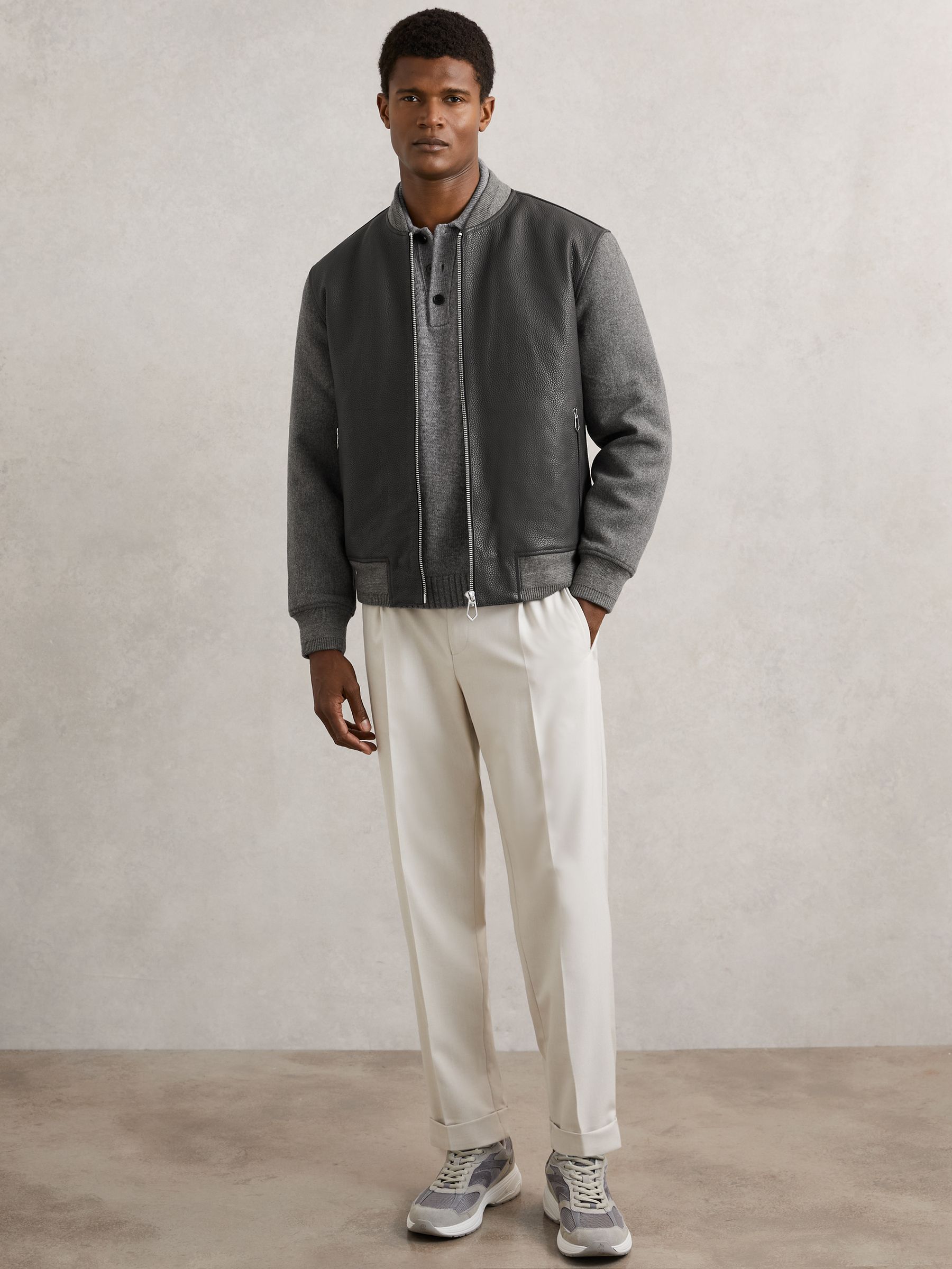Leather Contrast-Sleeve Bomber Jacket in Grey - image 5