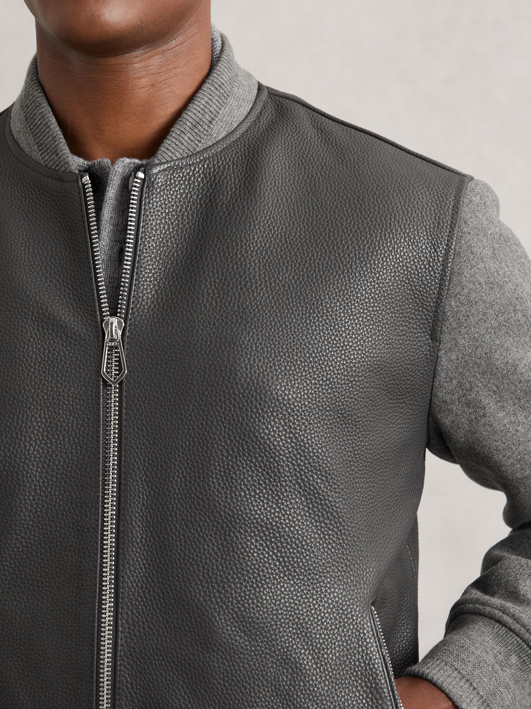 Leather Contrast-Sleeve Bomber Jacket in Grey - Image 4 of 6