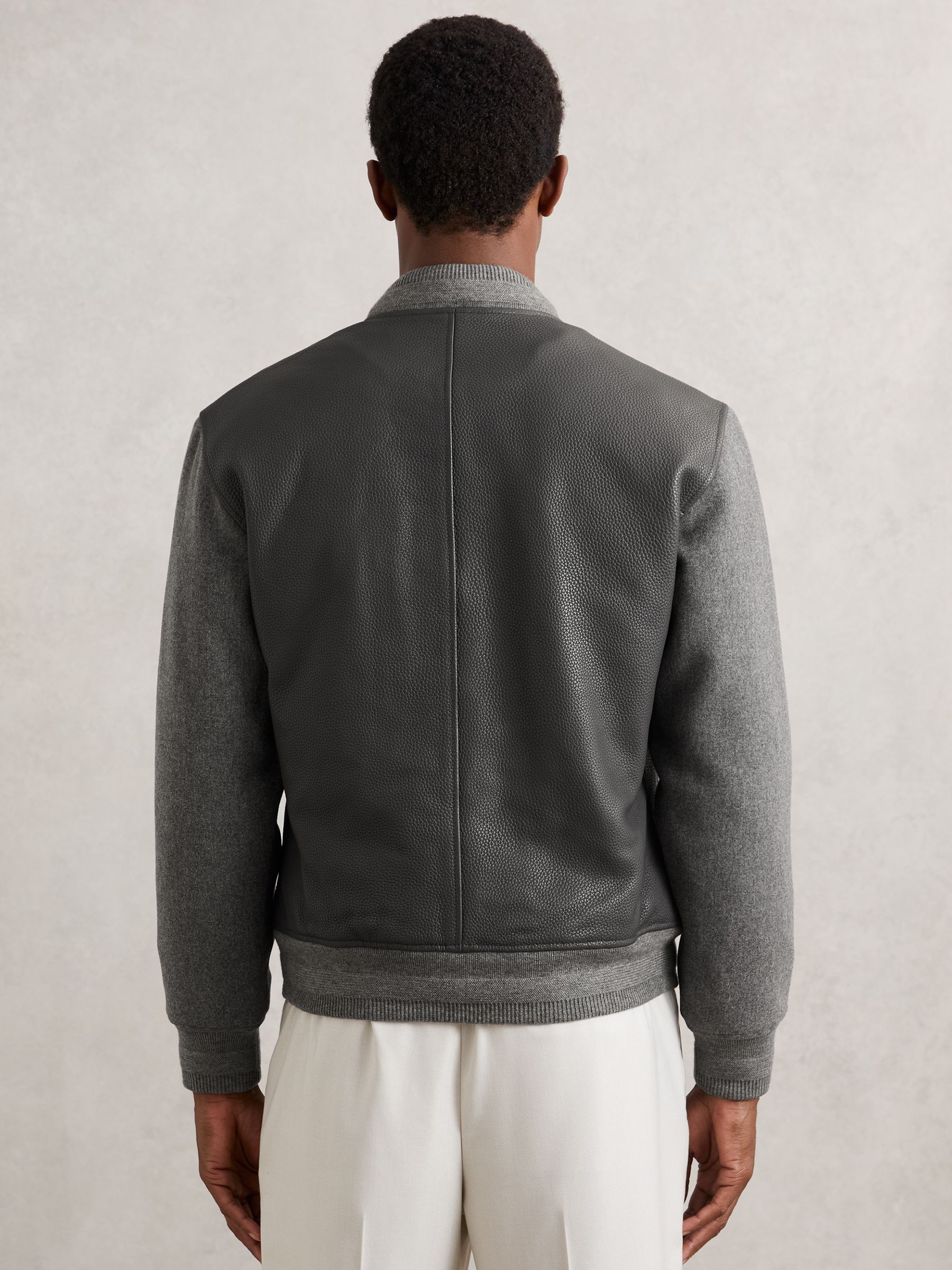 Leather Contrast-Sleeve Bomber Jacket in Grey - Image 5 of 6