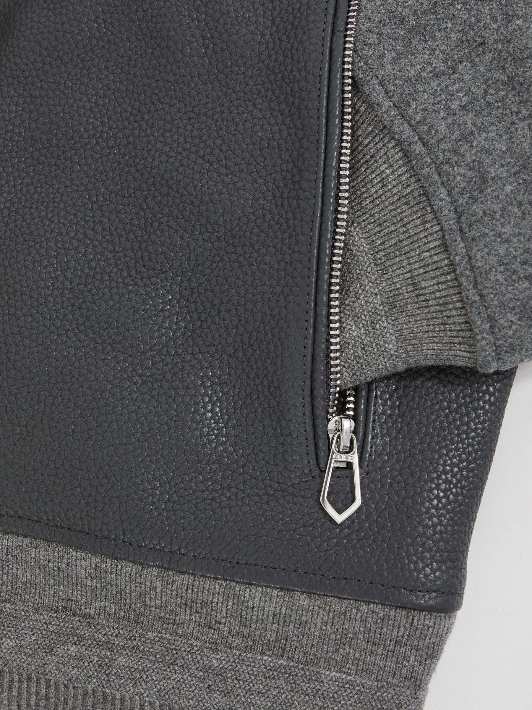 Leather Contrast-Sleeve Bomber Jacket in Grey - image 3