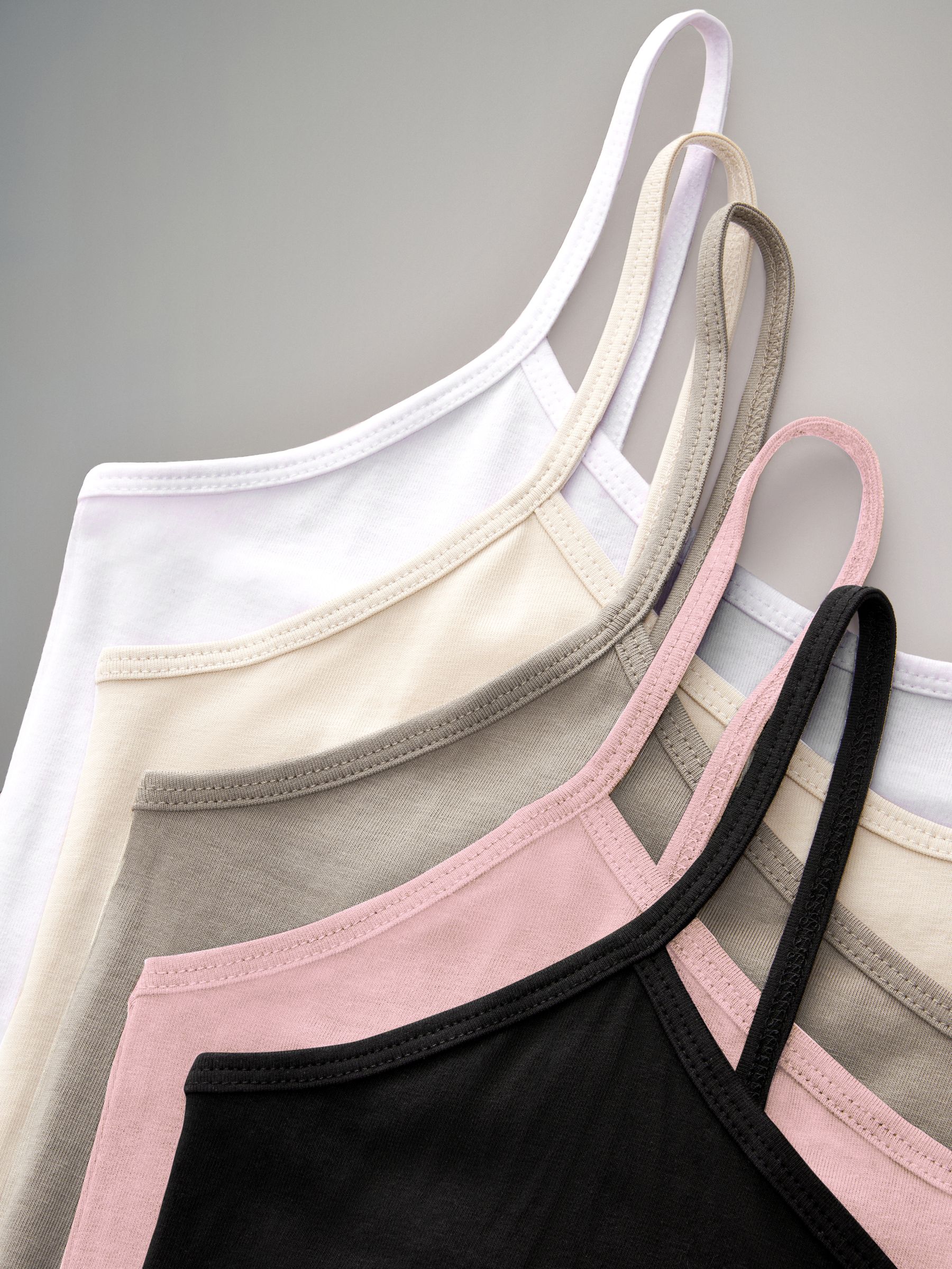 White/Neutral/ Brown/Chocolate Brown/Pink/Black 5 Pack Thin Strap Vest Tops - Image 6 of 6 White/Neutral/ Brown/Chocolate Brown/Pink/Black 5 Pack Thin Strap Vest Tops - Image 6 of 6