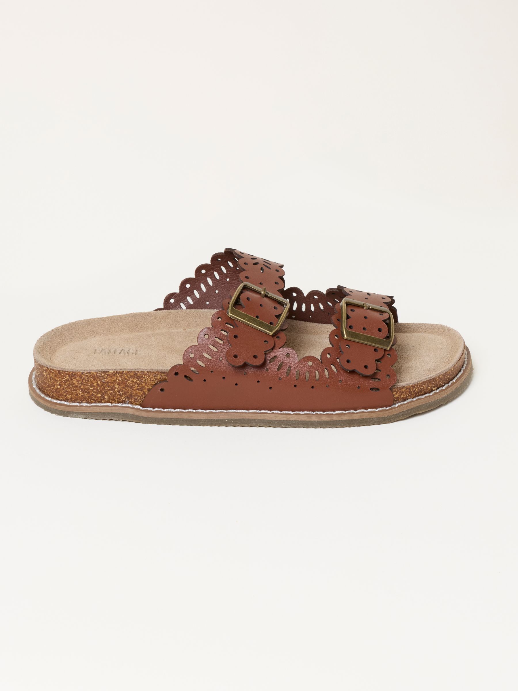 Tan Brown Fleur Leather Lasercut Footbed Sandal - Image 1 of 3