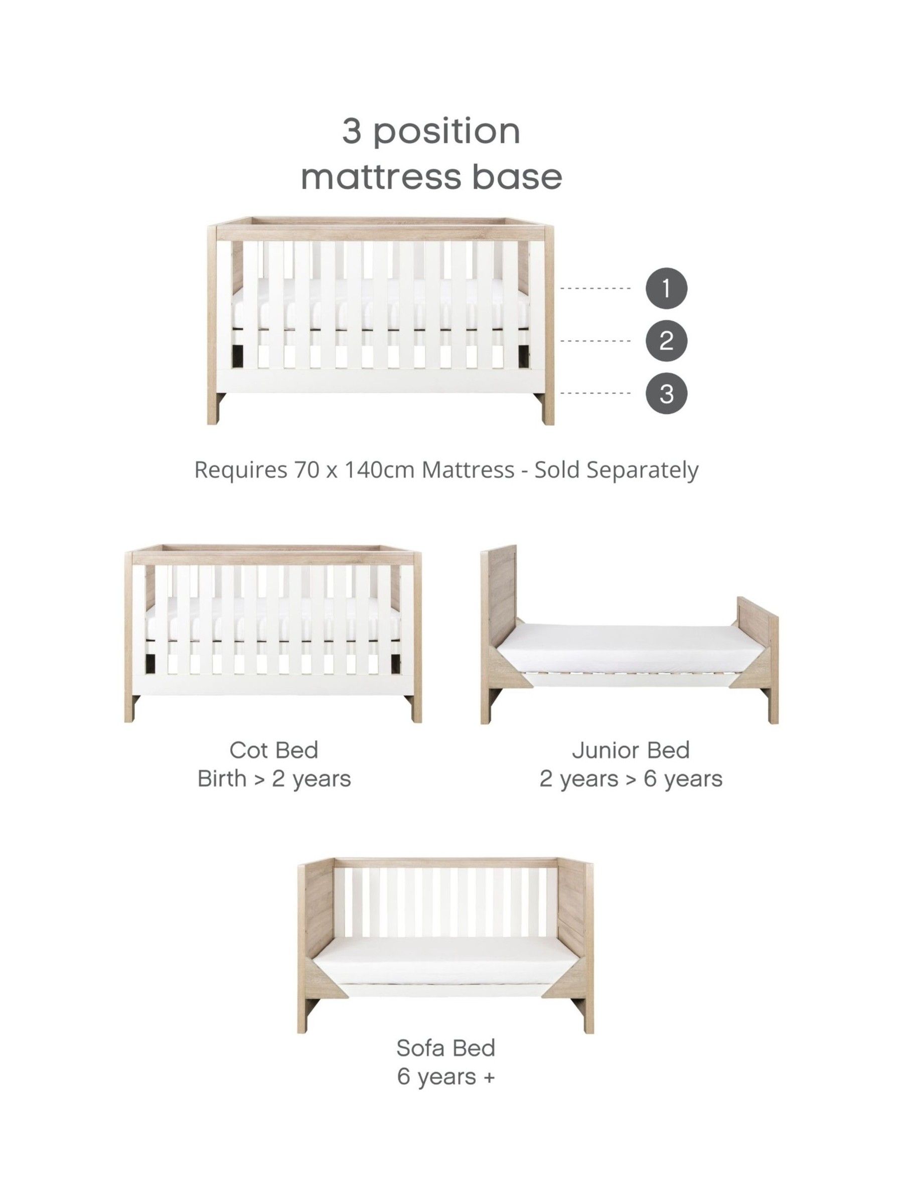 Tutti Bambini White Oak Modena 3 in 1 Cot Bed - Image 7 of 7 Tutti Bambini White Oak Modena 3 in 1 Cot Bed - Image 7 of 7